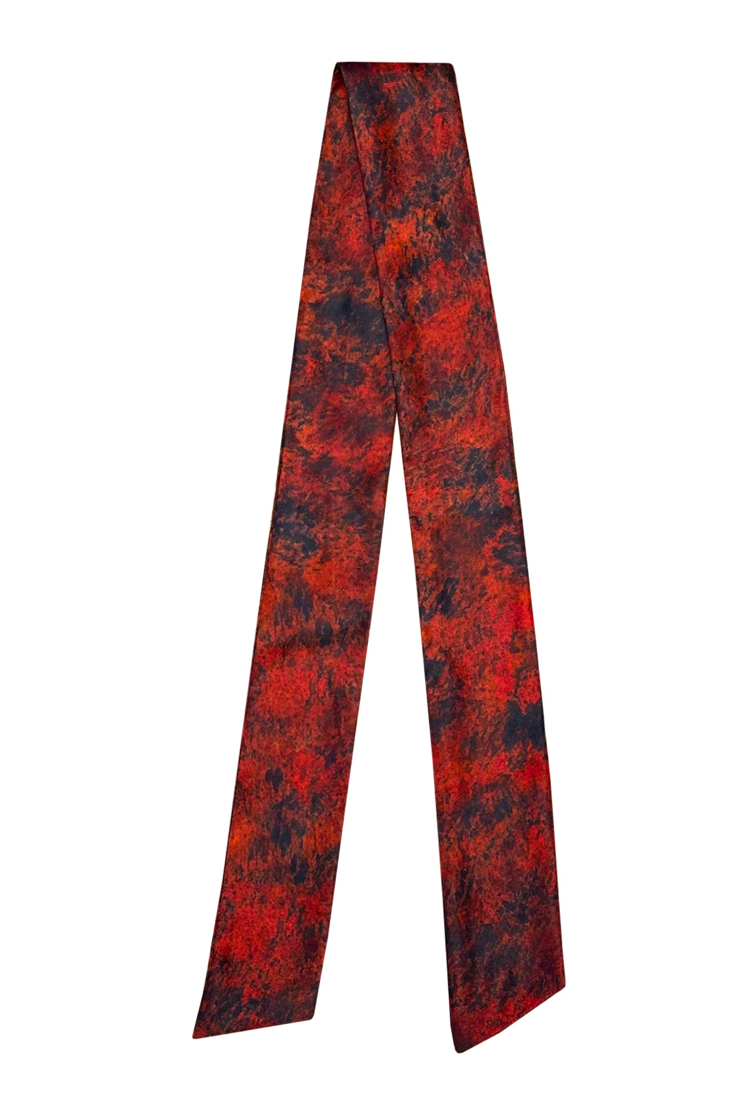 Narrow silk satin scarf in red and black print.