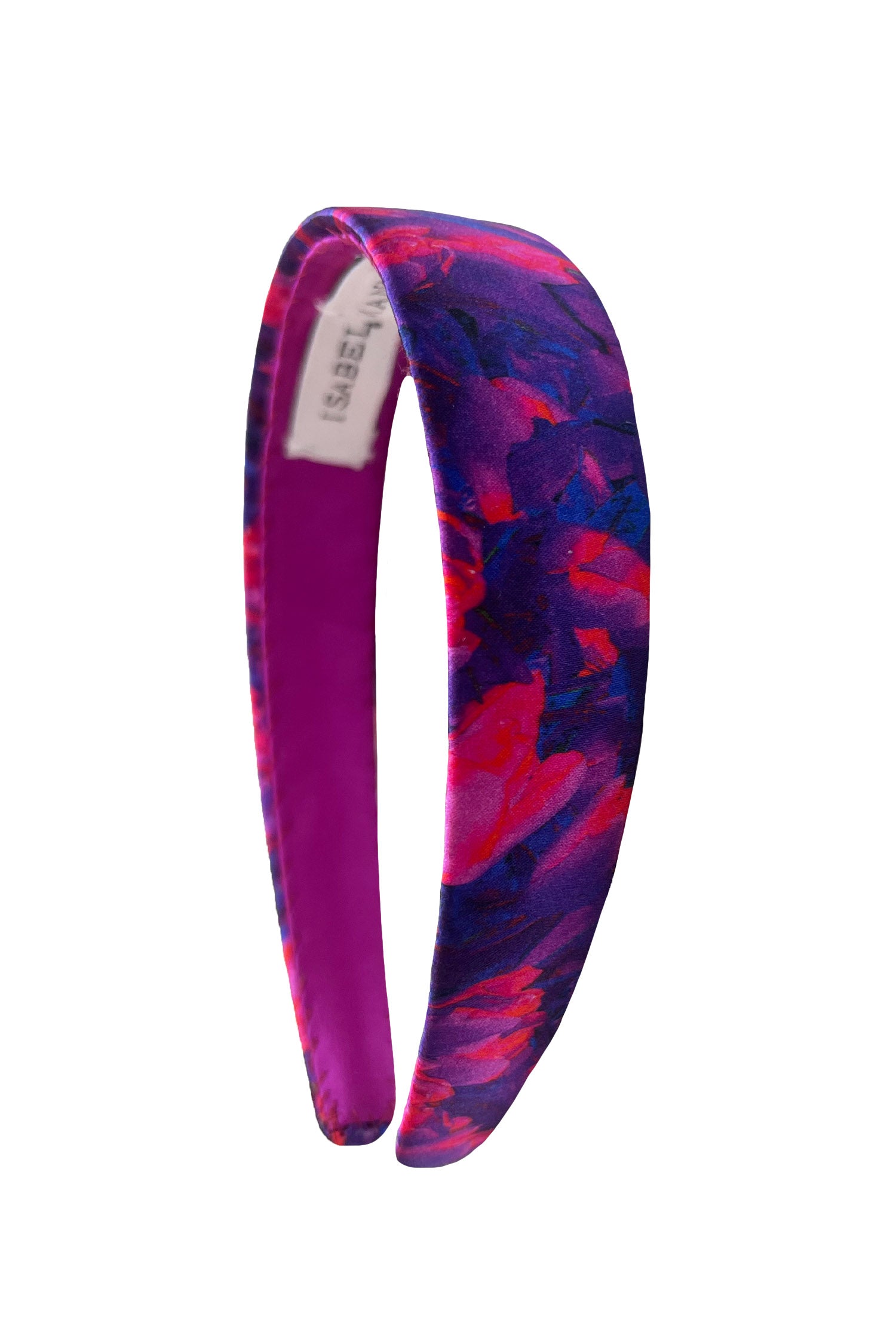 a violet and fuchsia silk printed headband that gives a of colour