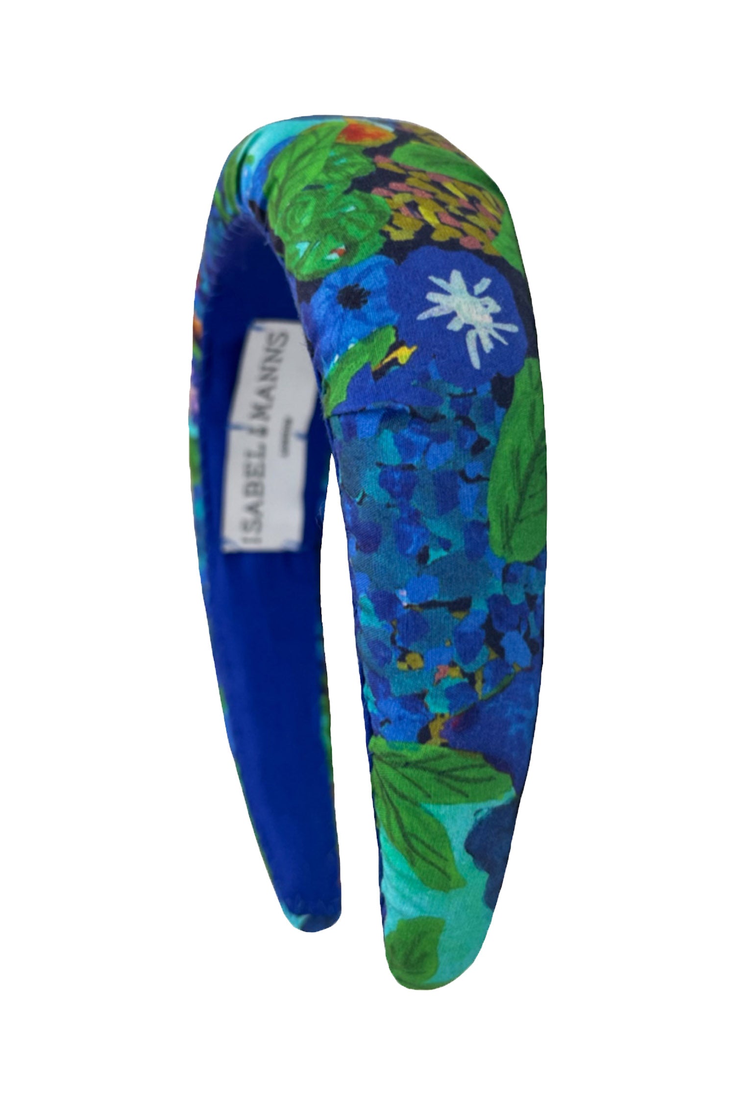 A colourful printed silk bamboo padded headband that is unique