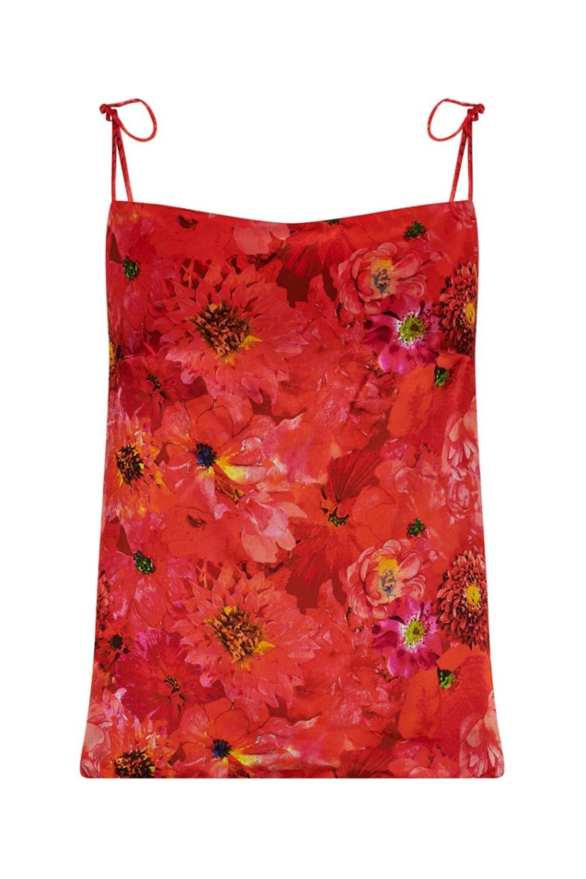 Reversible silk satin slip top with v-back neckline in vibrant floral coral print.