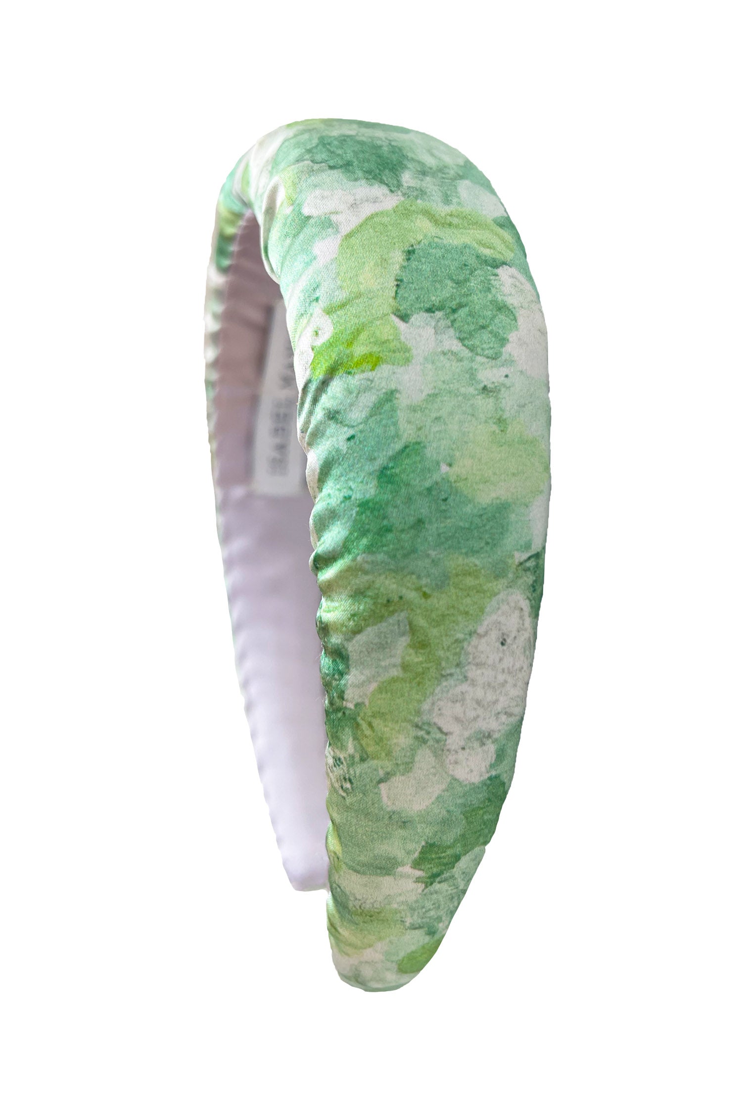 a pale green printed silk padded headband cut out image