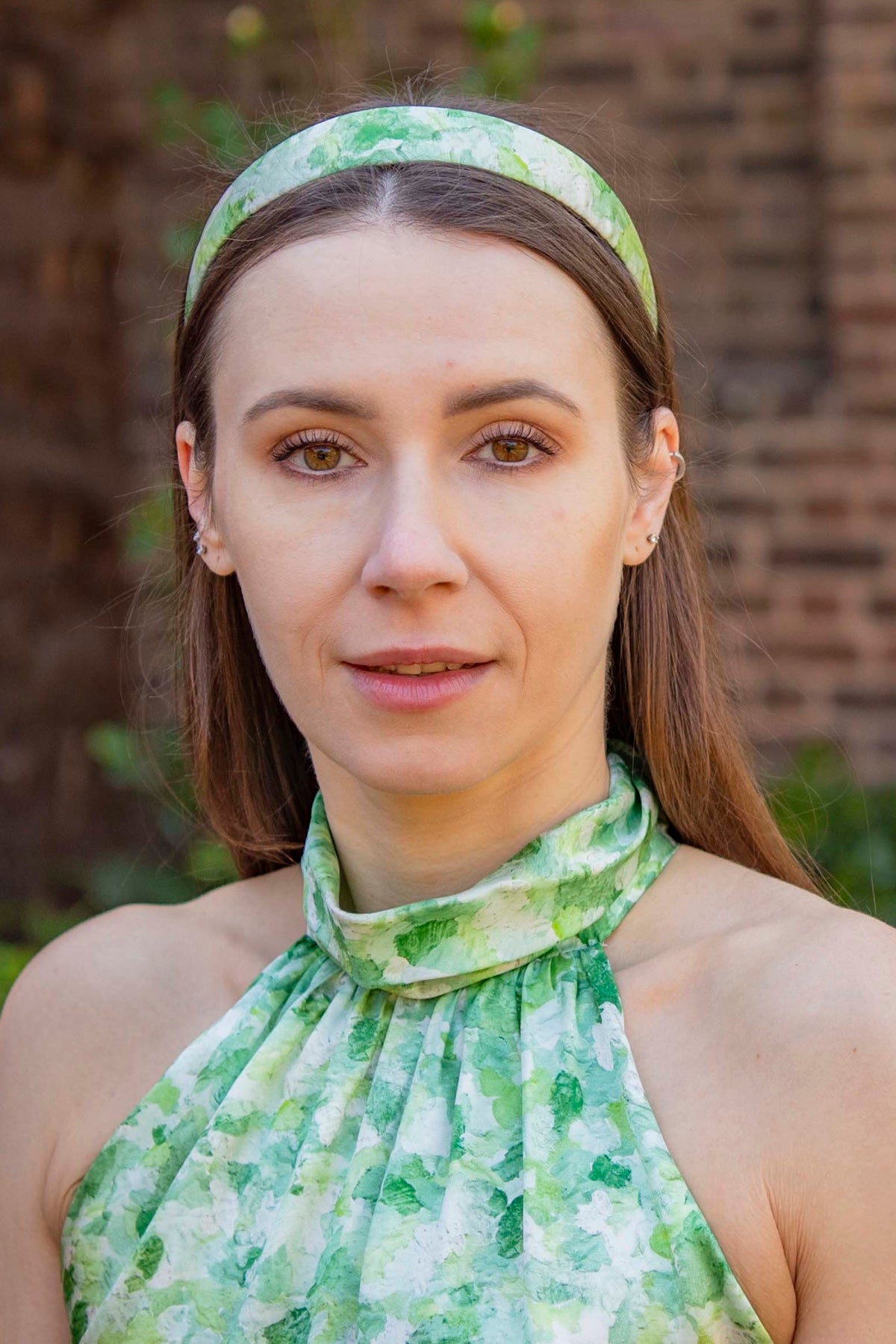 a pale green printed silk small headband and matching jumpsuit
