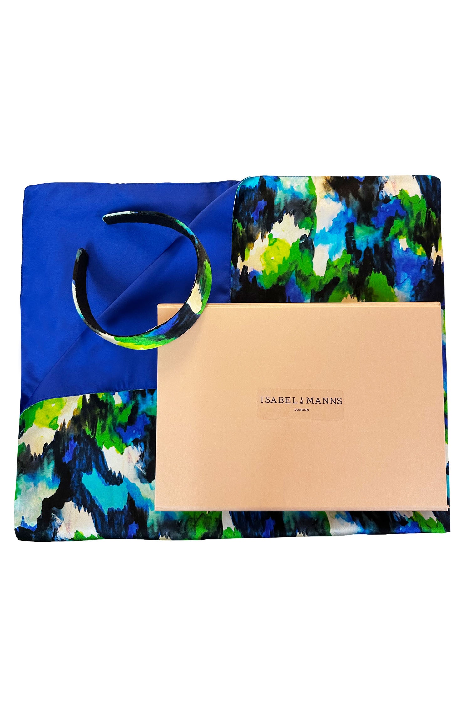 Reversible vibrant multicoloured print and cobalt silk satin scarf, with matching headband and large pink gift box bow tied ribbon.
