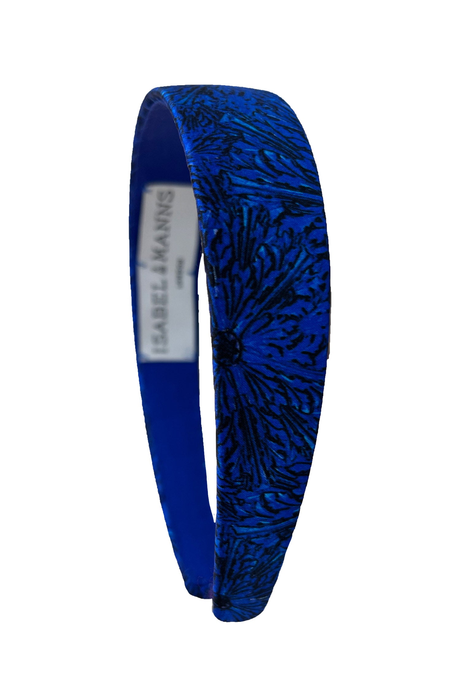 A dark midnight blue printed silk satin headband