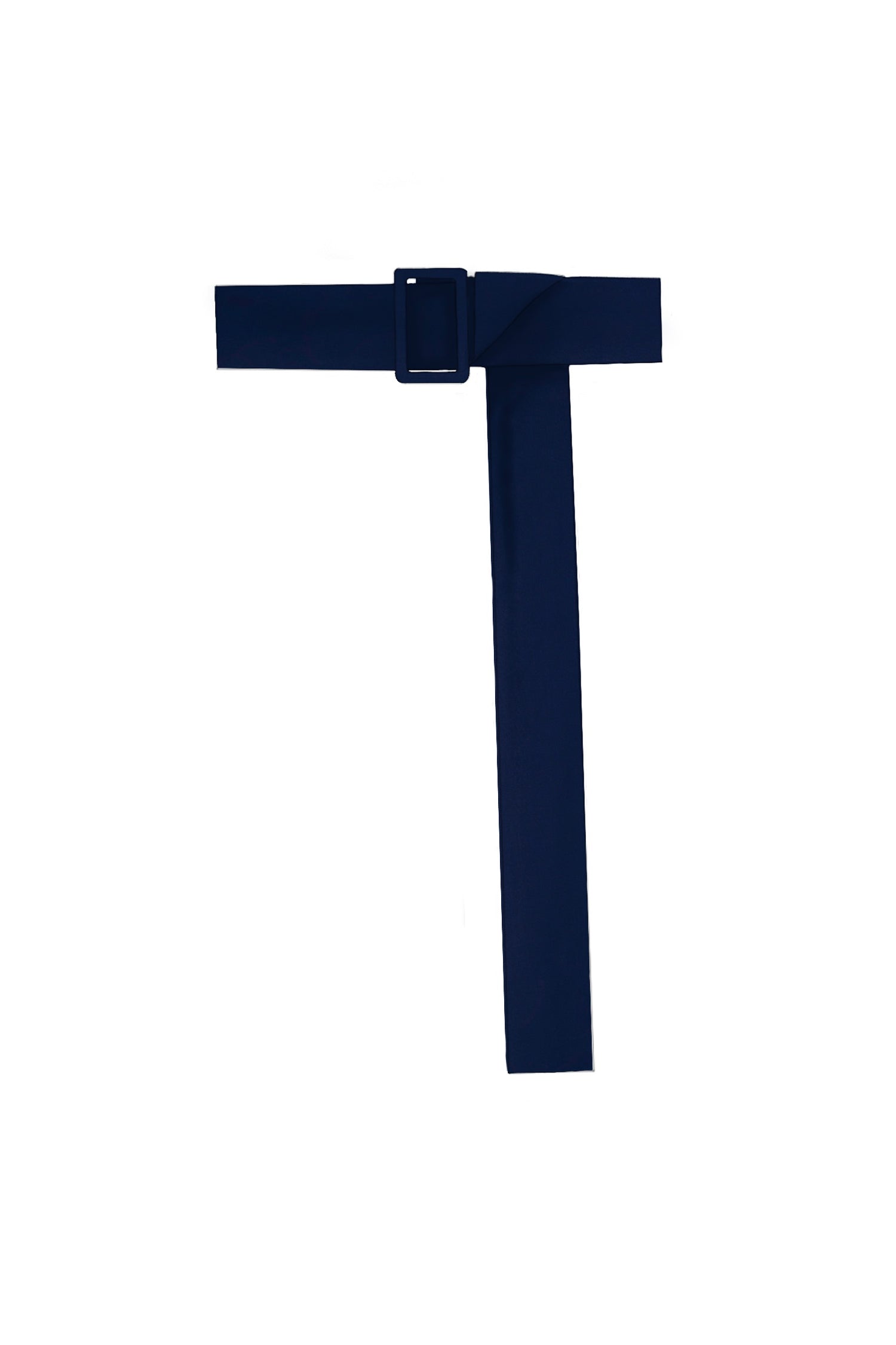 An adjustable and detachable navy silk satin fabric covered belt.