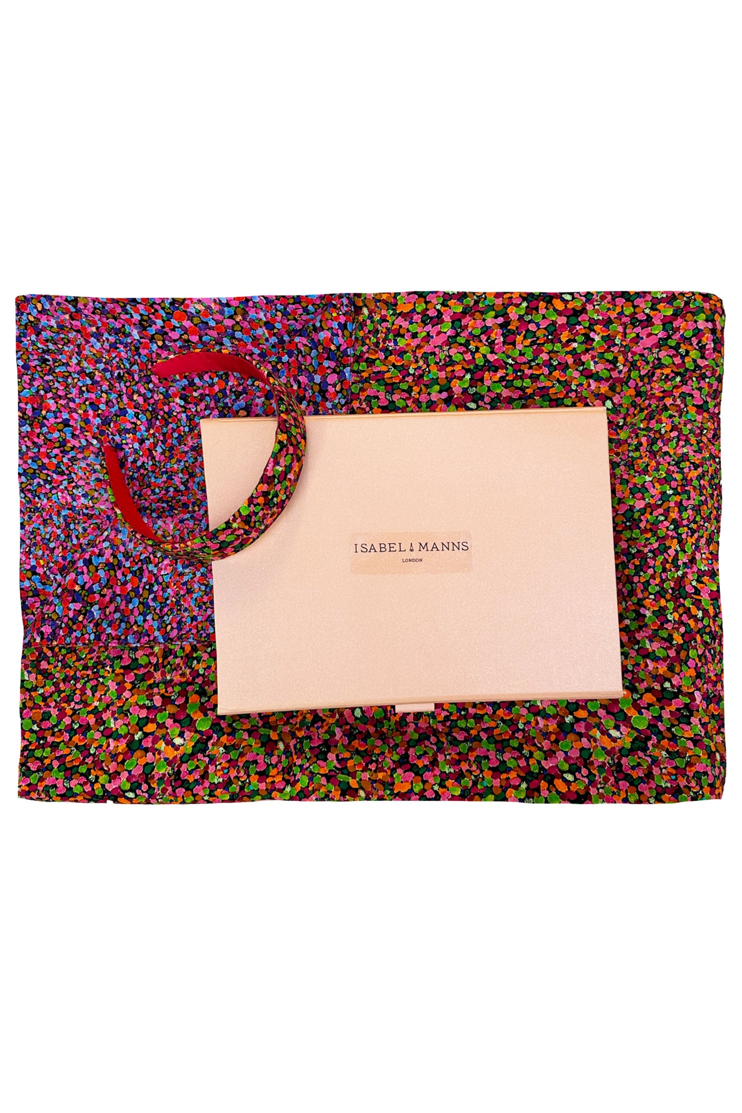 Reversible pink/orange dotted print and pink/purple dotted print silk satin scarf, with matching padded headband and large pink gift box bow tied ribbon.