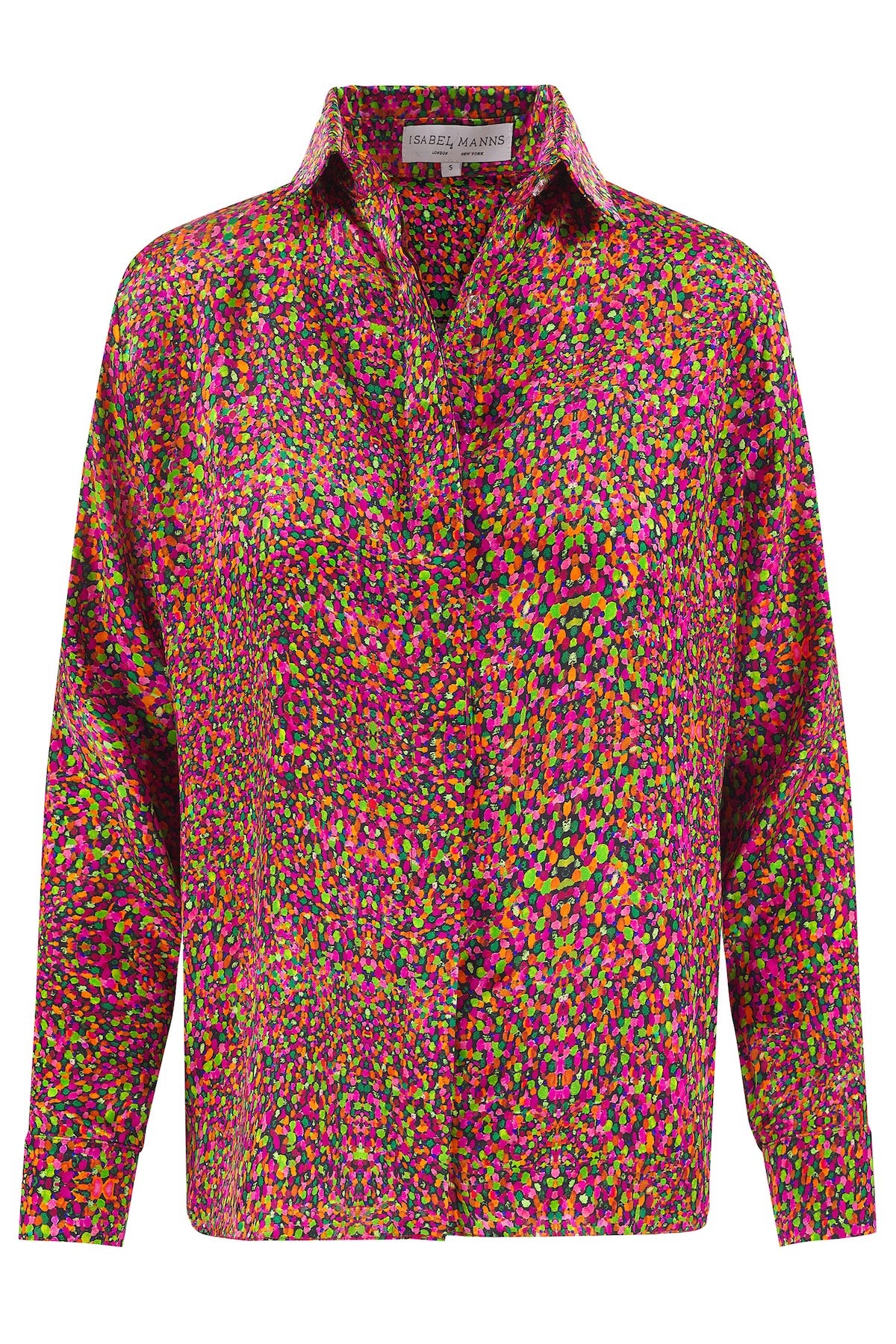 a dotted printed colourful silk satin shirt made in the UK