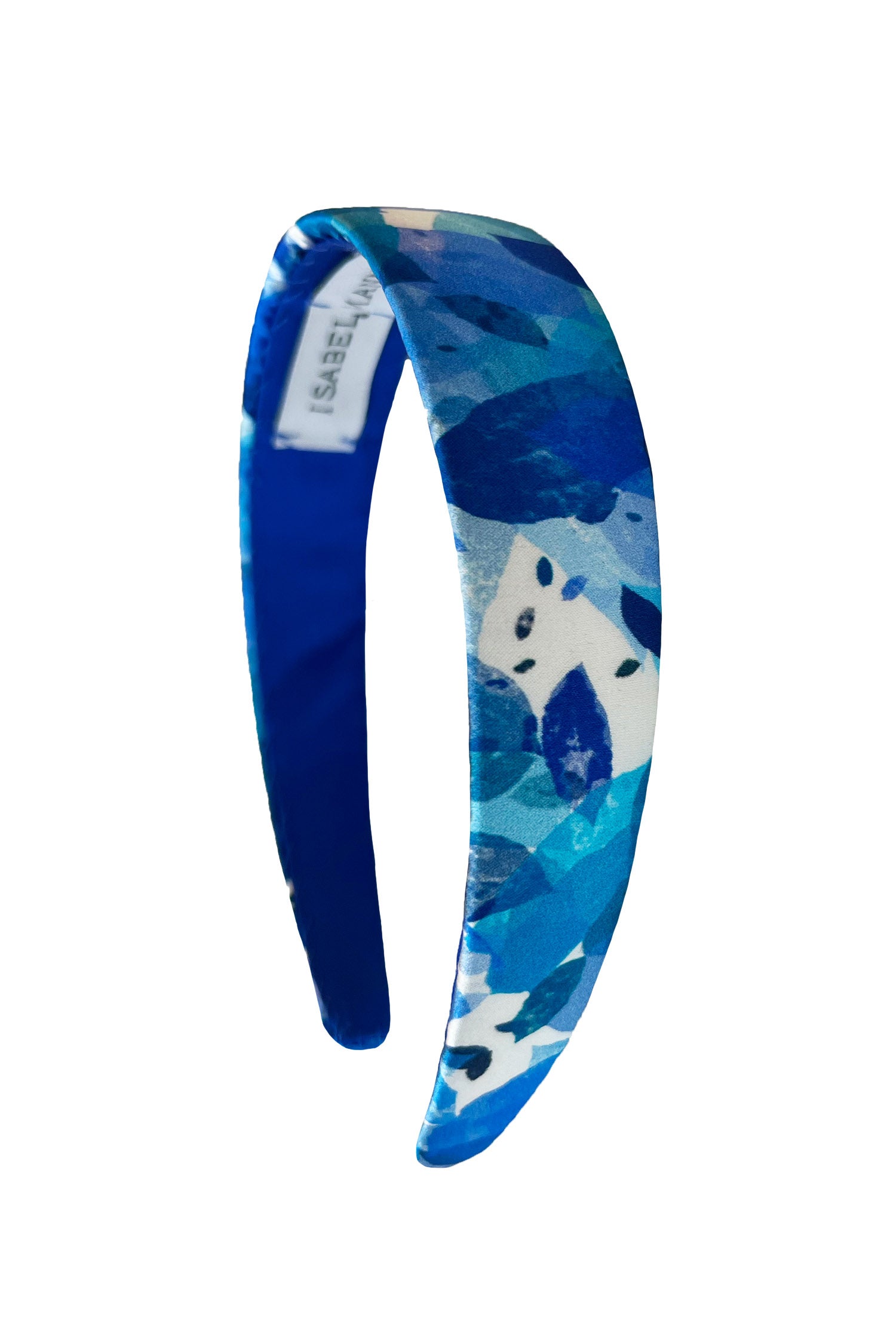 A silk satin blue petal printed headband that is elegant