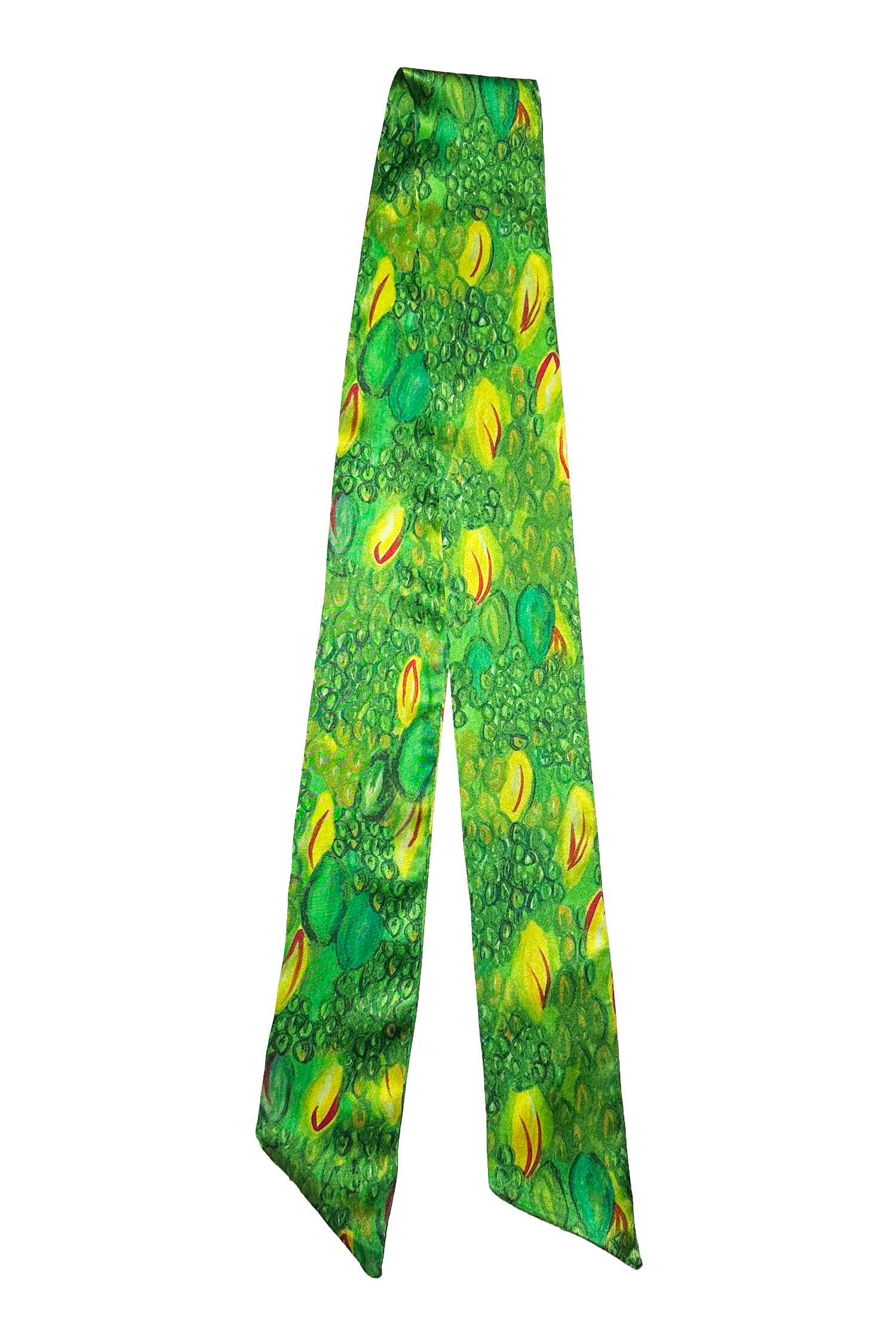 Narrow silk satin scarf in green and yellow print.