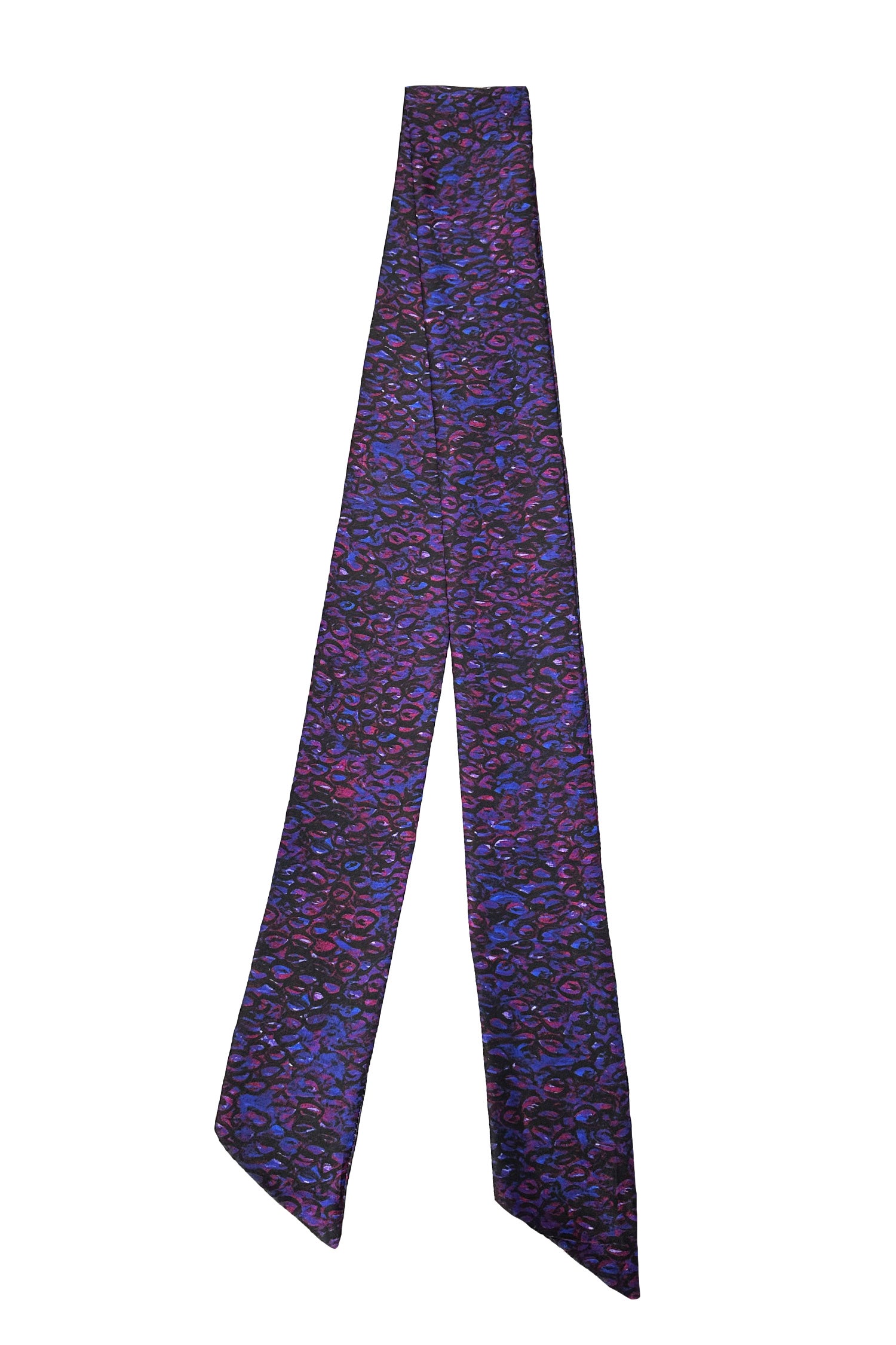 Narrow silk satin scarf in purple print.