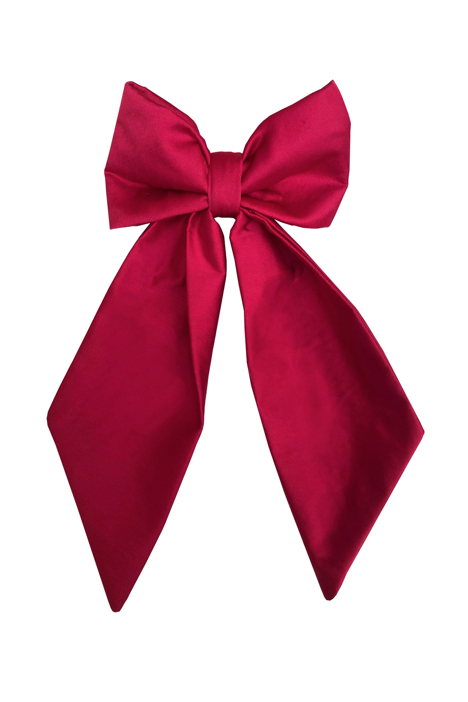 An Isabel Manns Raspberry Pink silk satin bow with ribbon styling and silver hair clip.