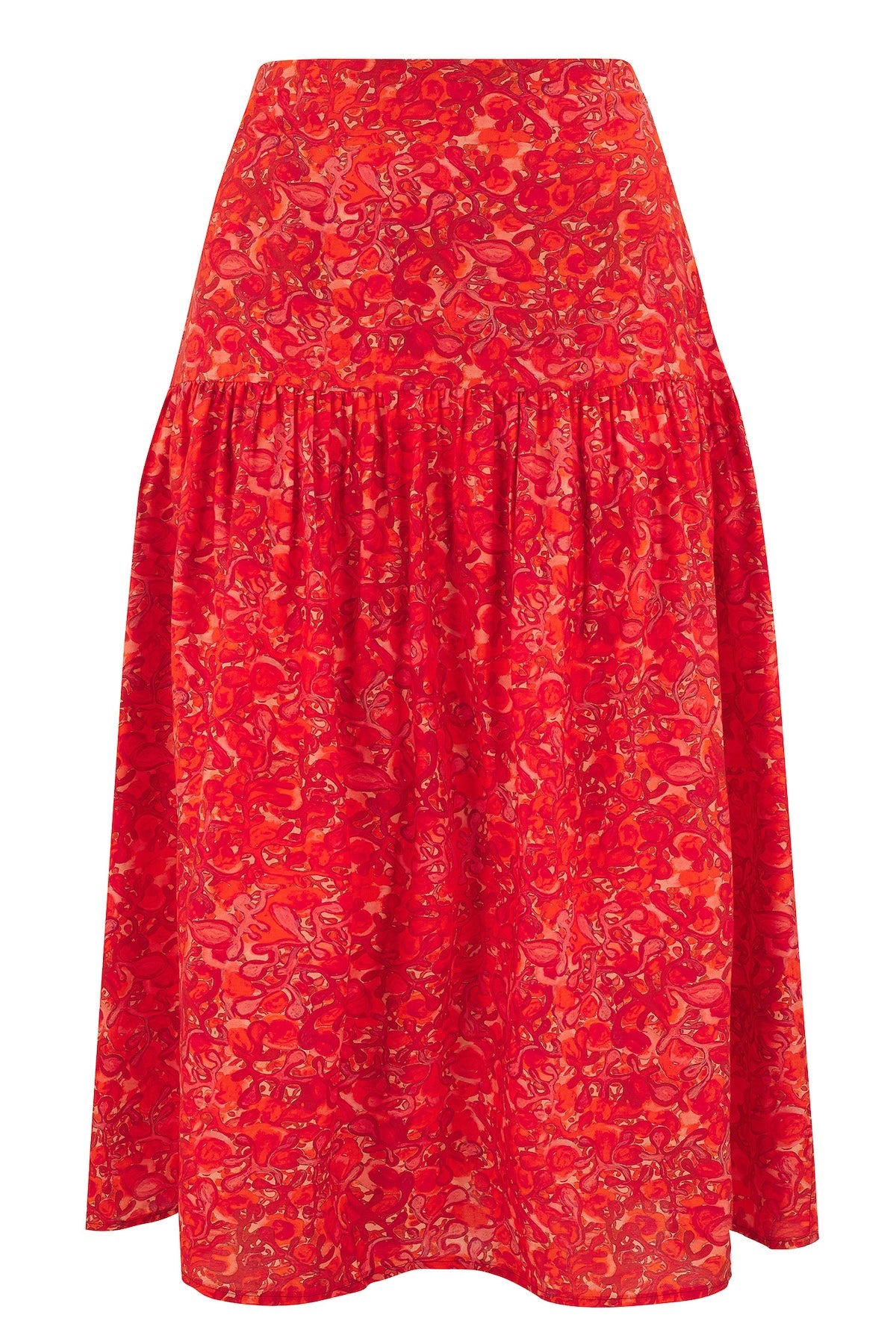 An Isabel Manns a-line midi silk bamboo skirt with an extra wide waistband and gathered detail from hips down in vibrant red swirl print.