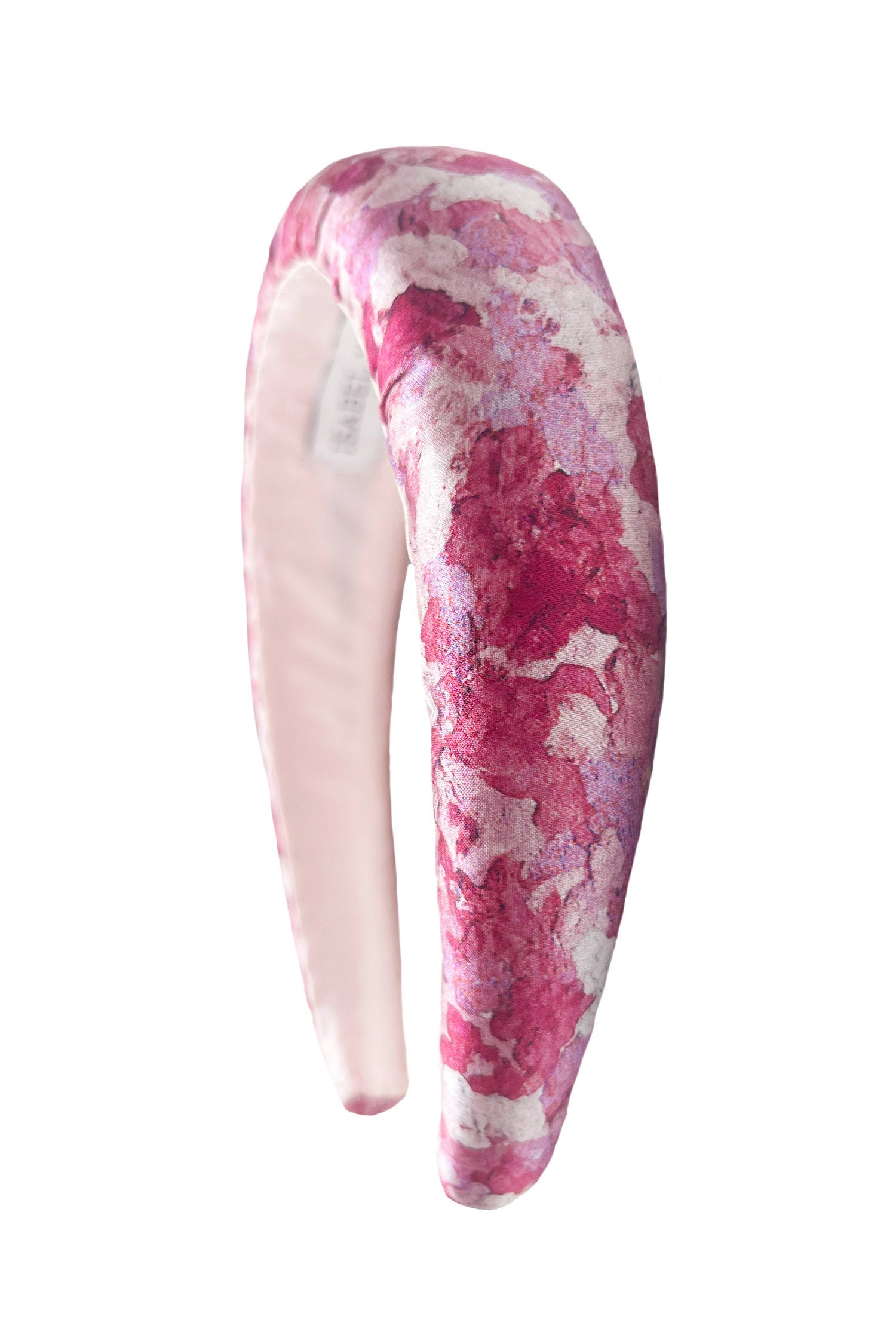 a pink printed silk satin padded headband cut out image