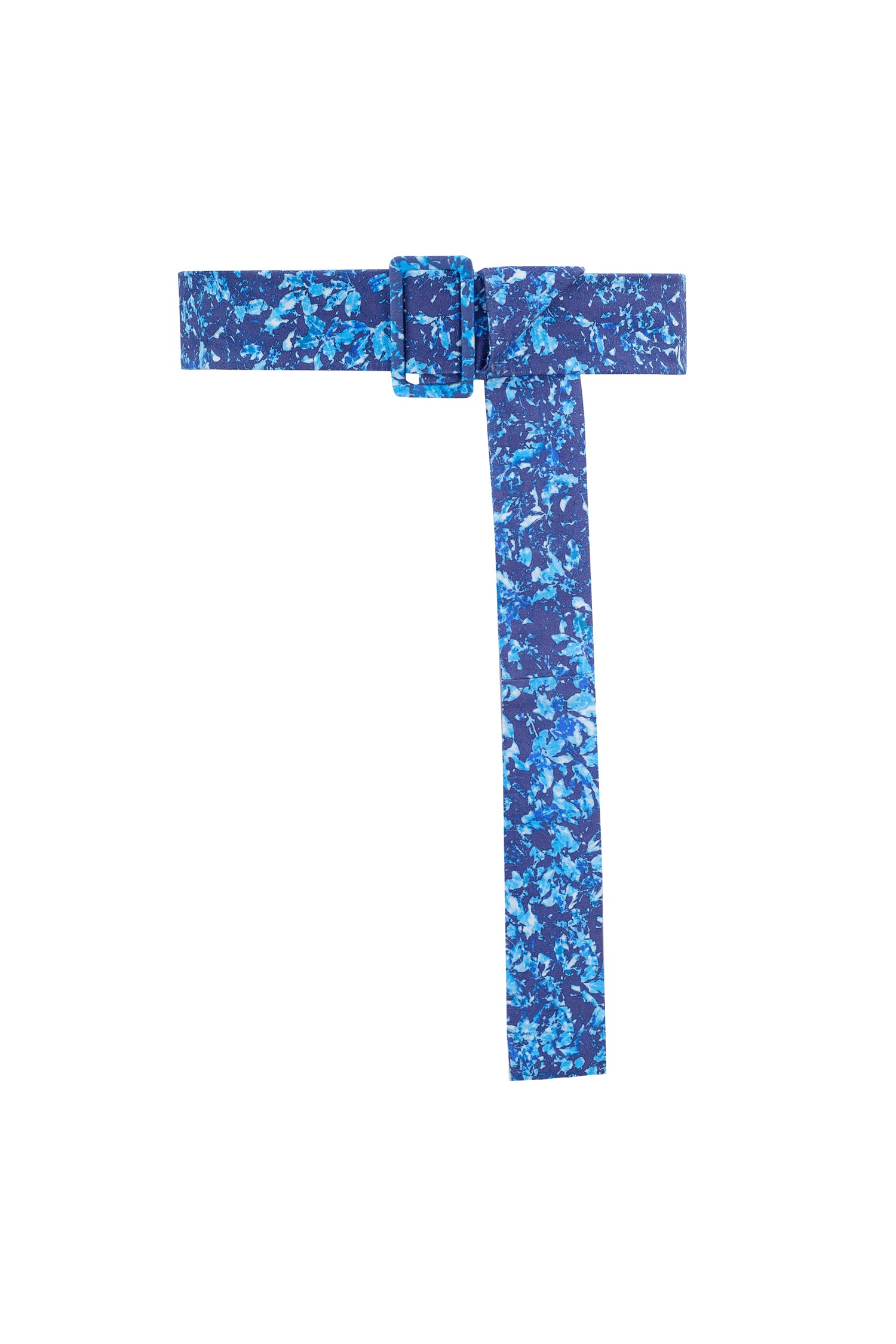 An adjustable and detachable blue floral cotton printed fabric covered belt.