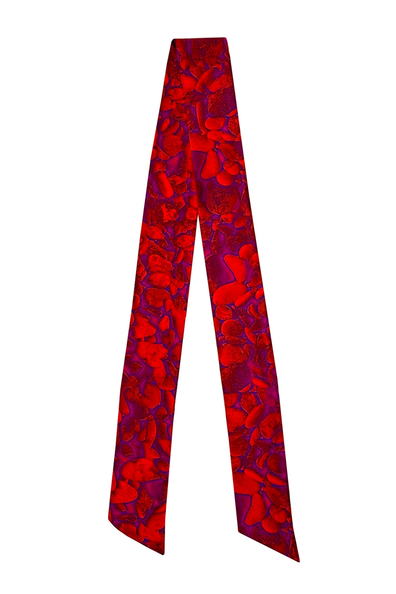 Narrow silk satin scarf in red floral print.