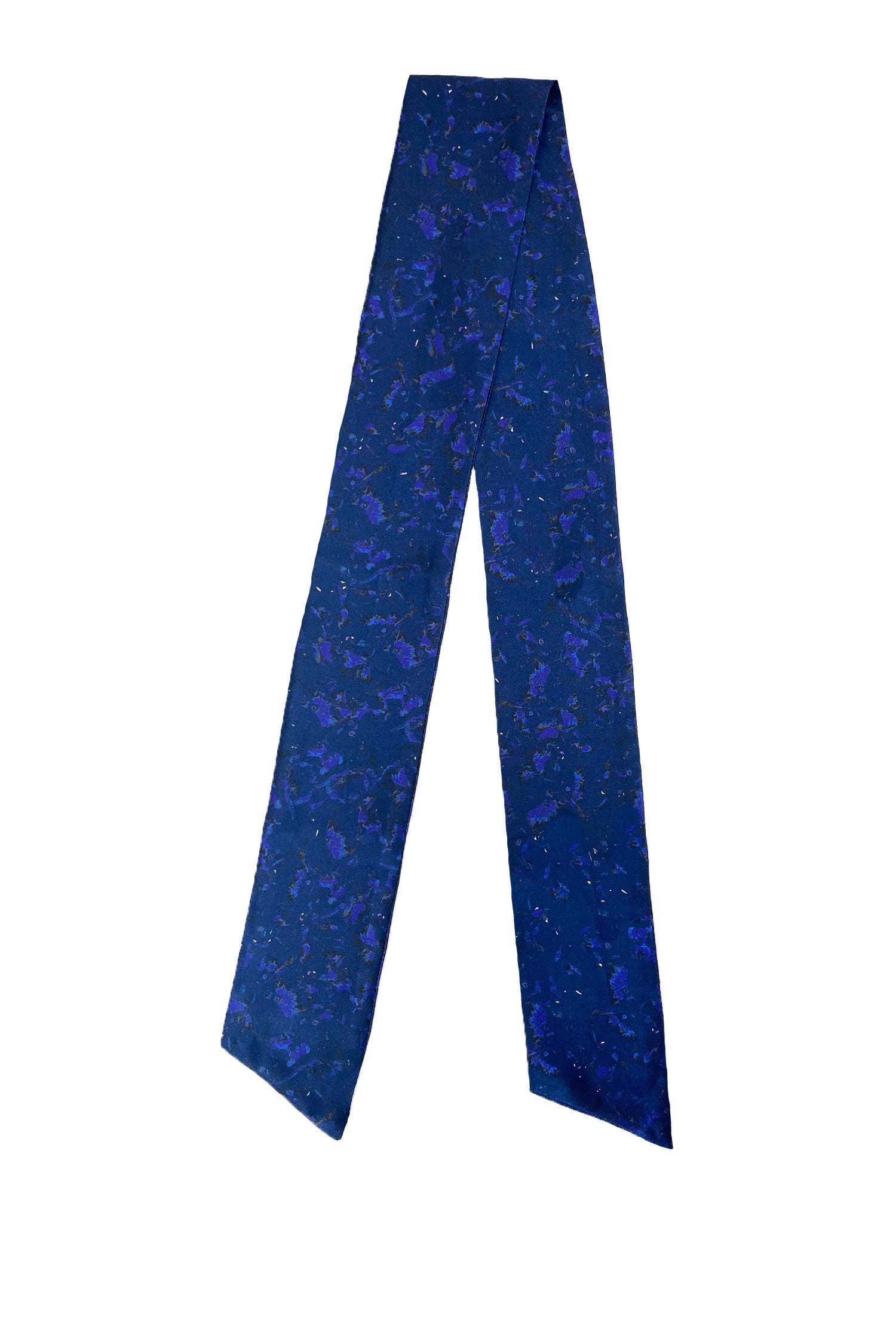 Narrow silk satin scarf in dark blue floral print.