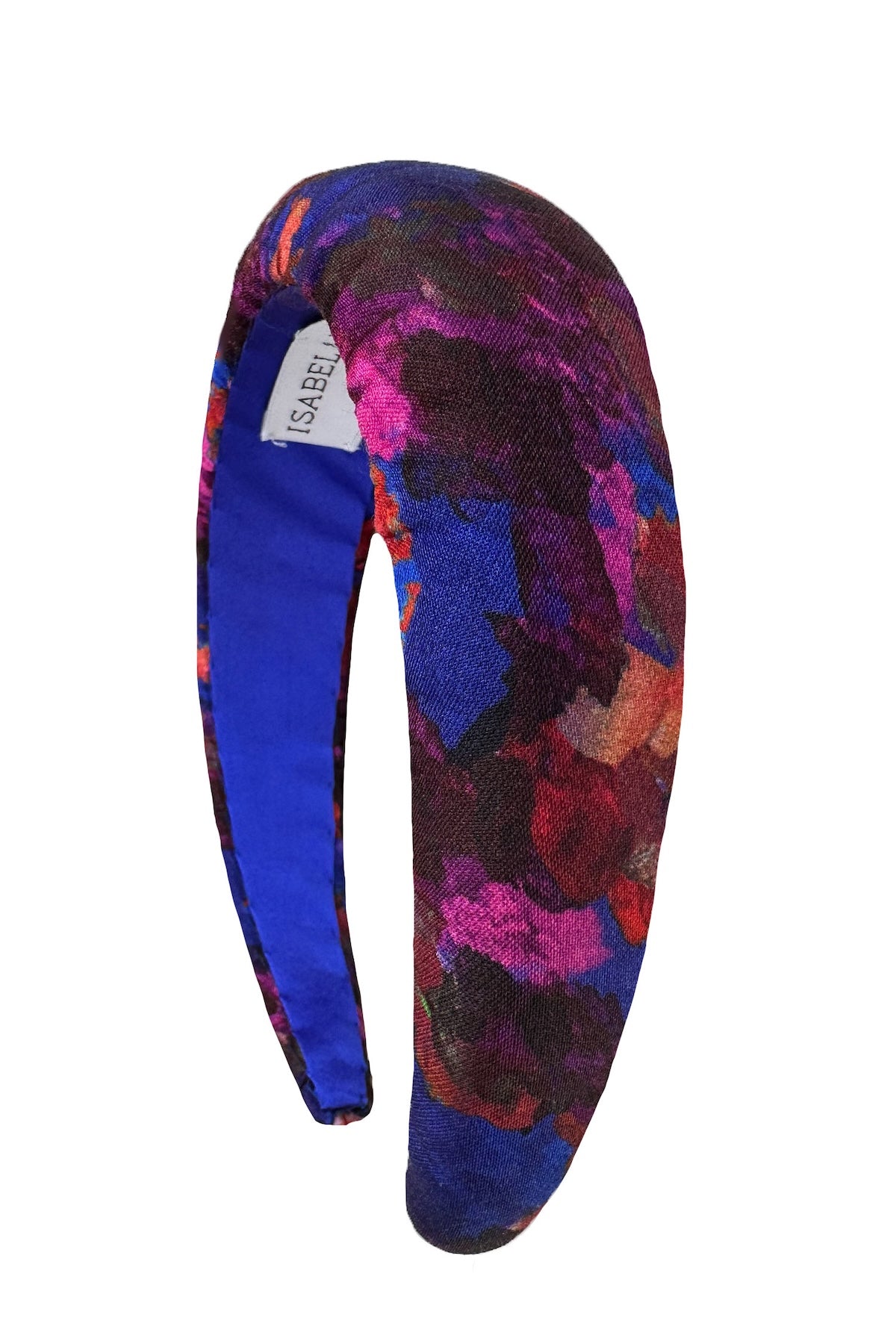 a purple and red printed silk padded headband that will brighten up an outfit