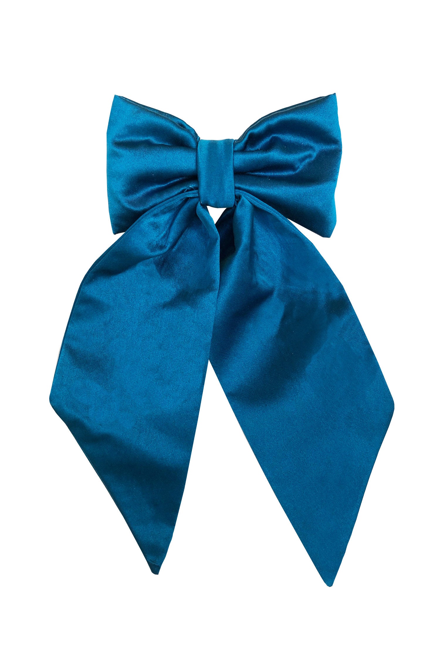 An Isabel Manns silk satin teal bow with ribbon styling and silver hair clip.