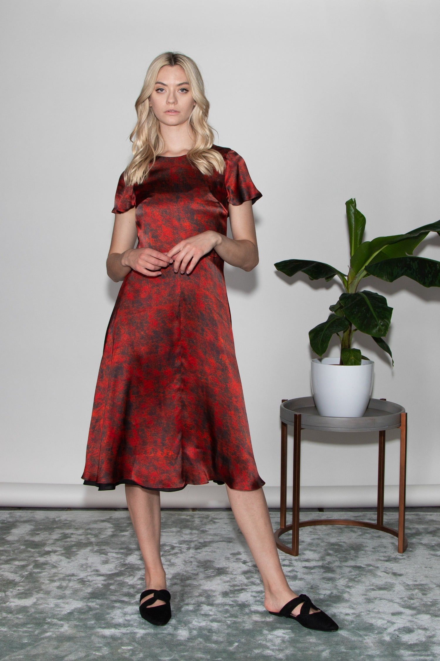 fire red printed silk satin midi length dress
