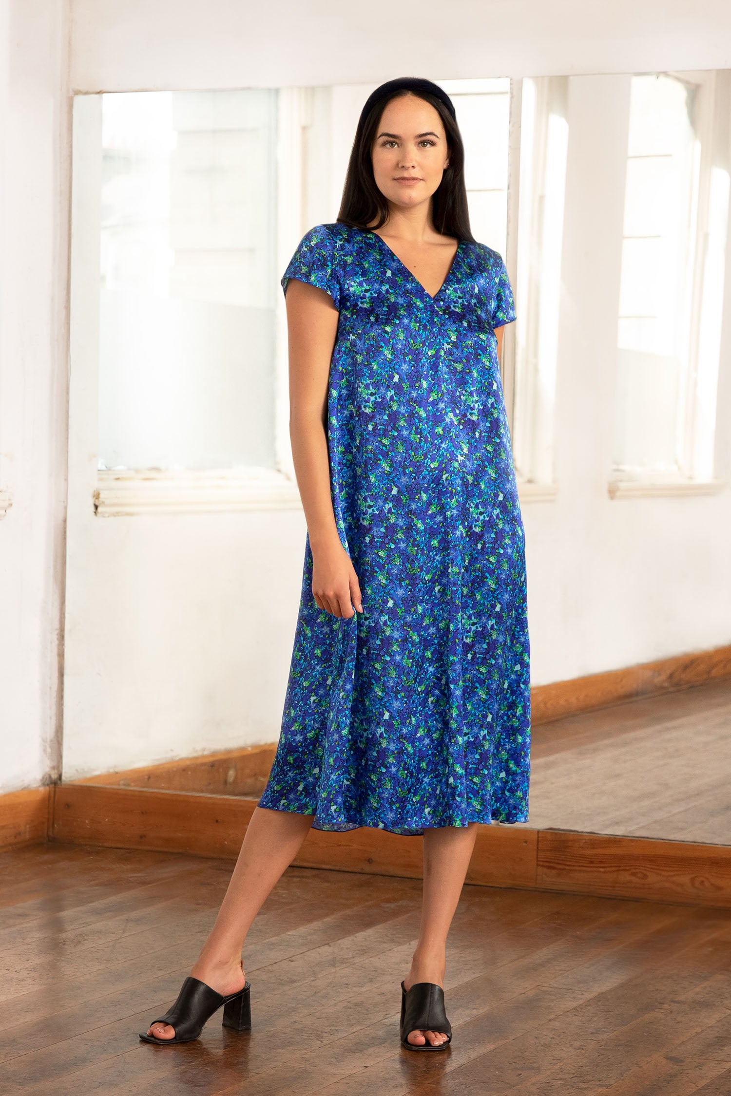 Eva Silk Satin Dress Aqua Flora front view