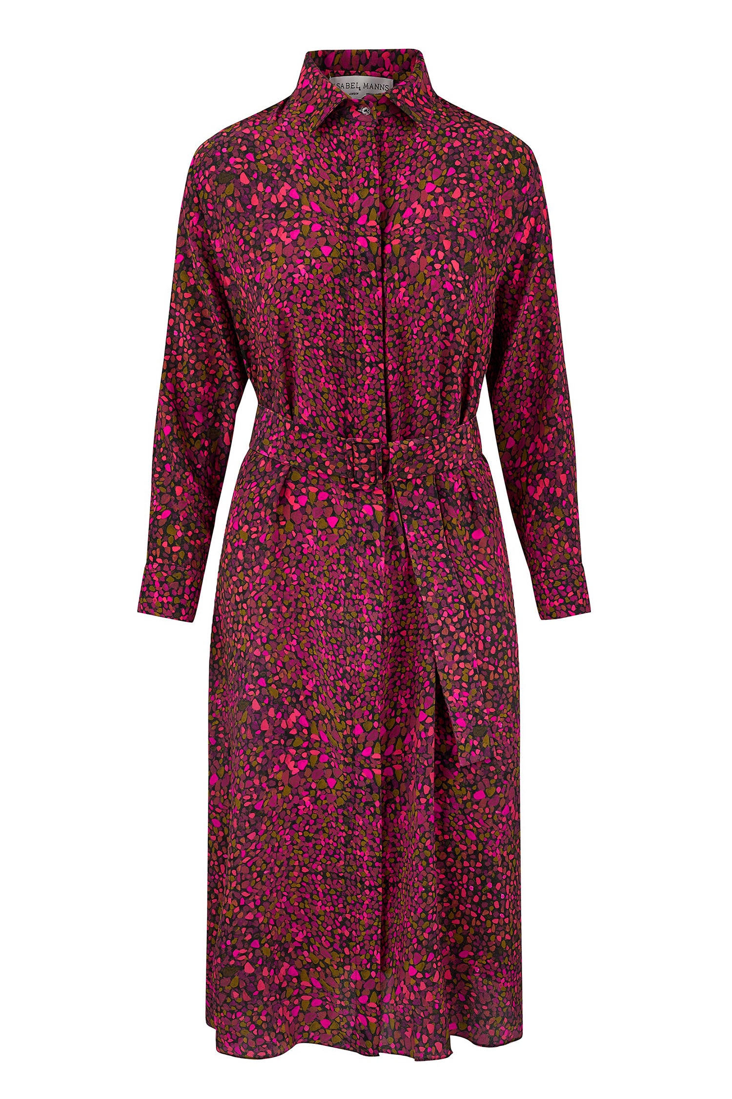 brown and pink versatile silk shirt dress in classic style with matching belt