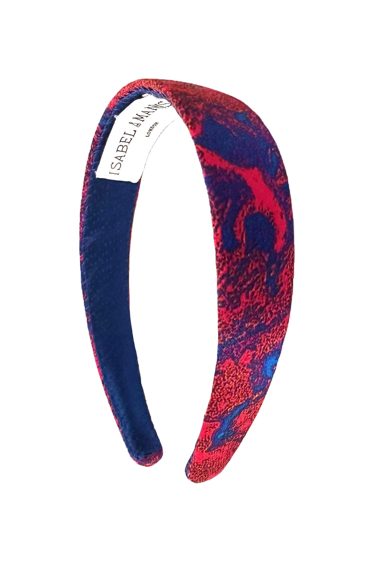 A marble red silk printed headband sustianbly made in the UK