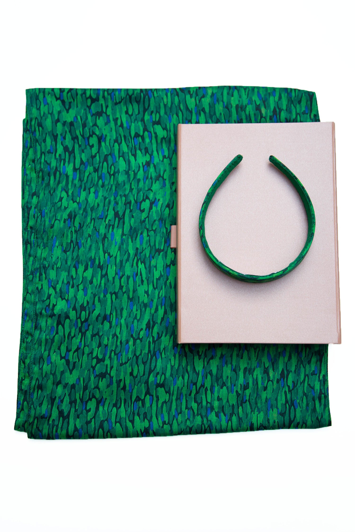 Long double-sided silk satin scarf in vibrant green print, with matching headband and large pink gift box bow tied ribbon.