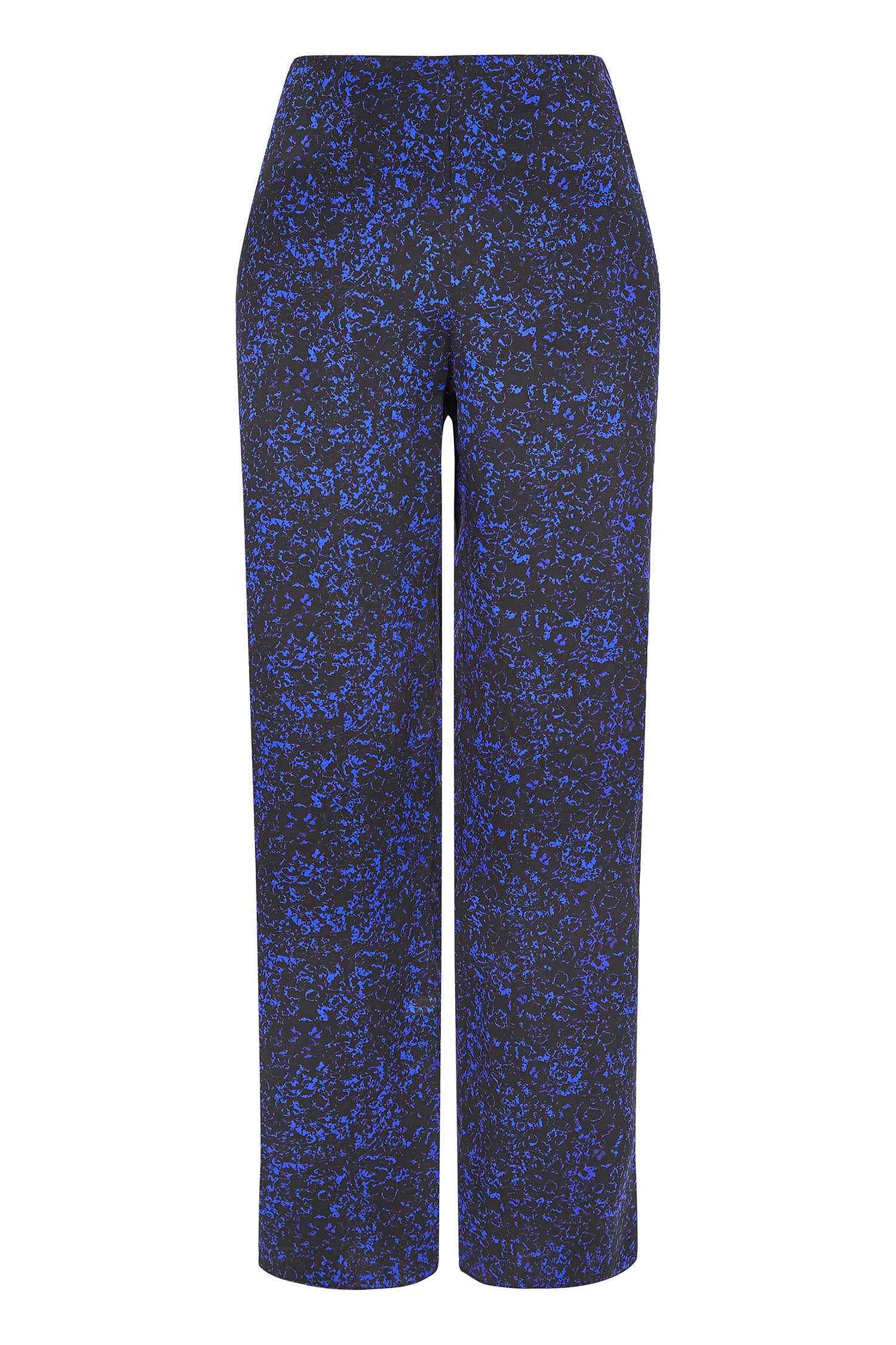 An Isabel Manns high waisted narrow fit palazzo pants in black camo silk satin print.