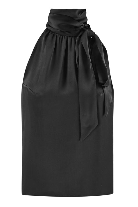 Back view of reversible halter neck silk satin top with tie collar in black.