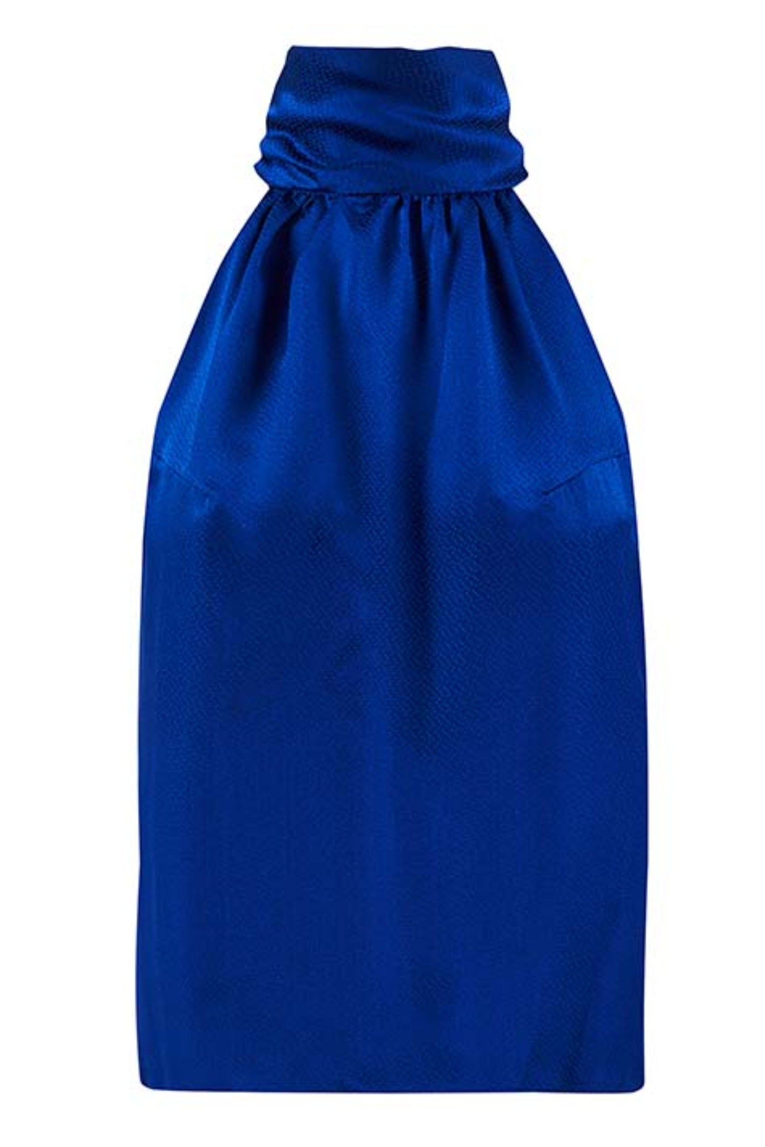 Reversible halter neck silk satin top with tie collar in navy.