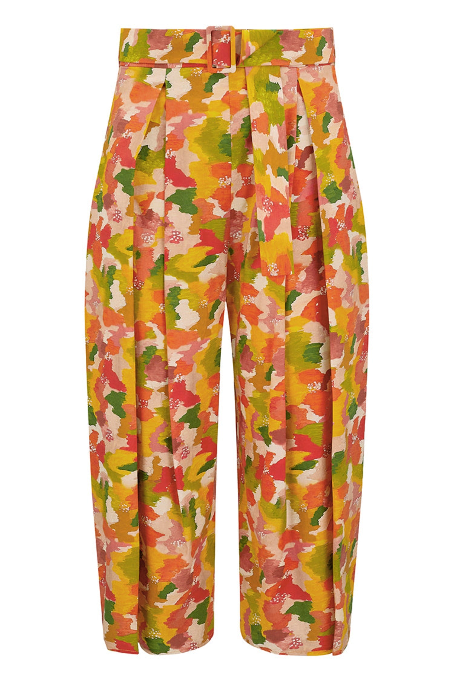 An Isabel Manns high waisted, box pleated ¾ length silk cotton culottes in multi coloured yellow print.