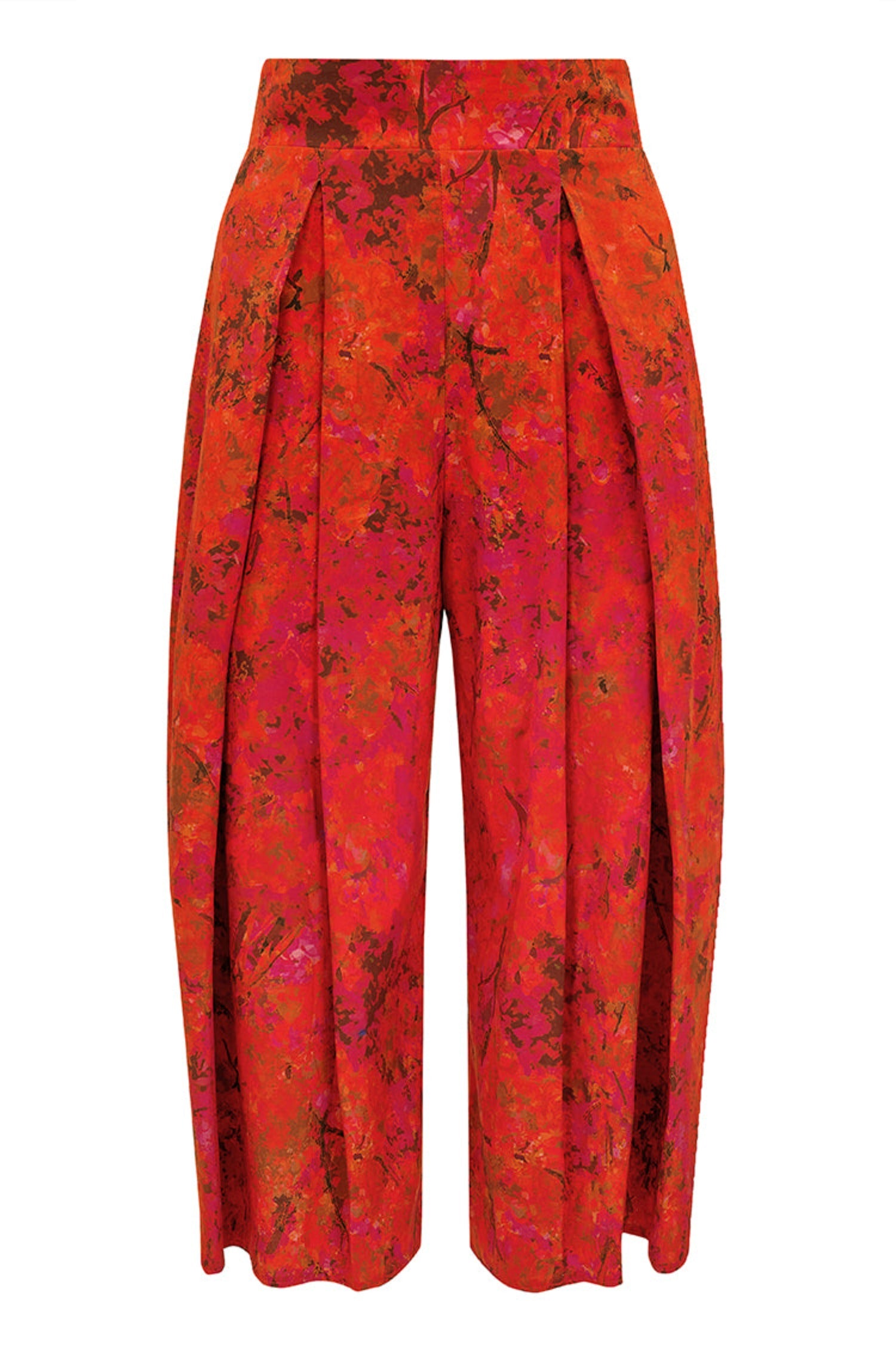 An Isabel Manns high waisted, box pleated ¾ length silk cotton culottes in orange/red floral print.