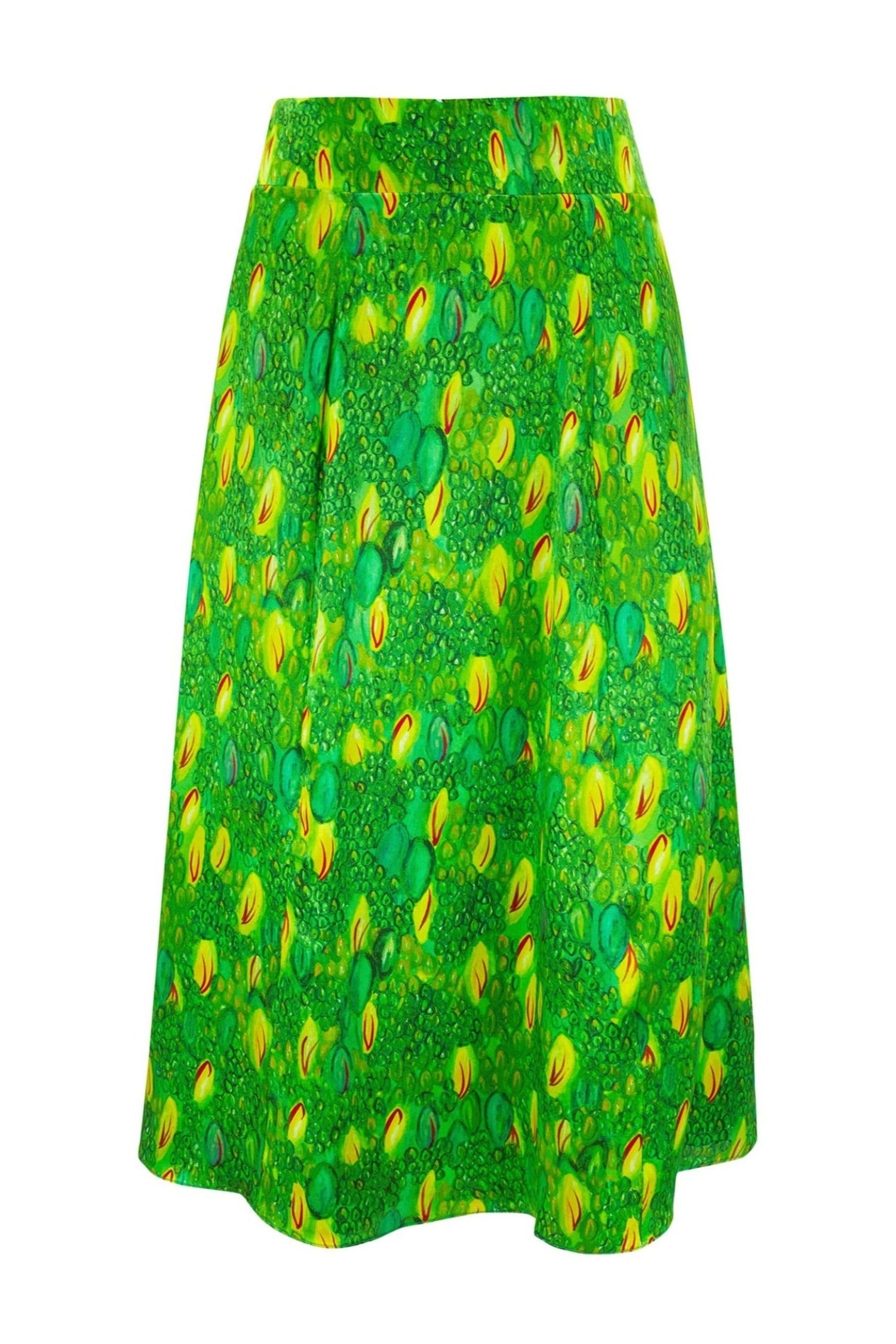 An Isabel manns colourful green and yellow silk printed Isabel Manns narrow a-line midi skirt with wide waistband.