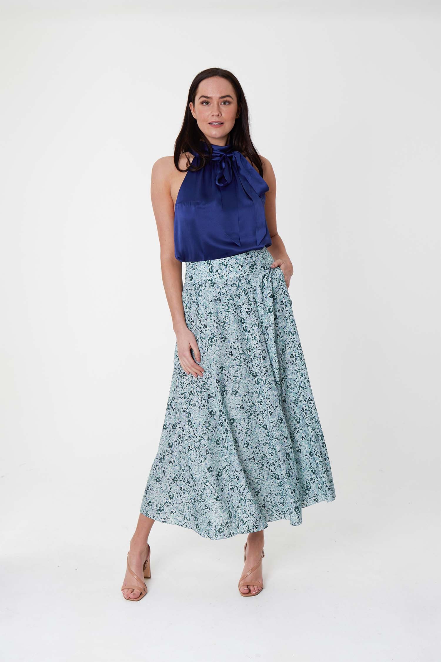 Reversible halter neck silk satin top with tie collar in navy and matching Lizzy Skirt Lawn Magic.