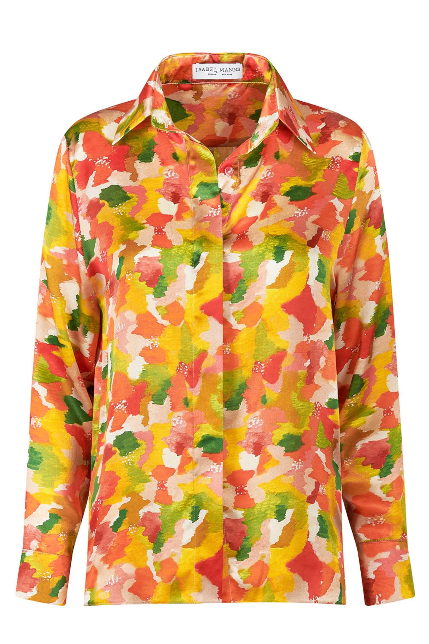 a colourful silk printed shirt showing colours of orange, red, pink, green and yellow