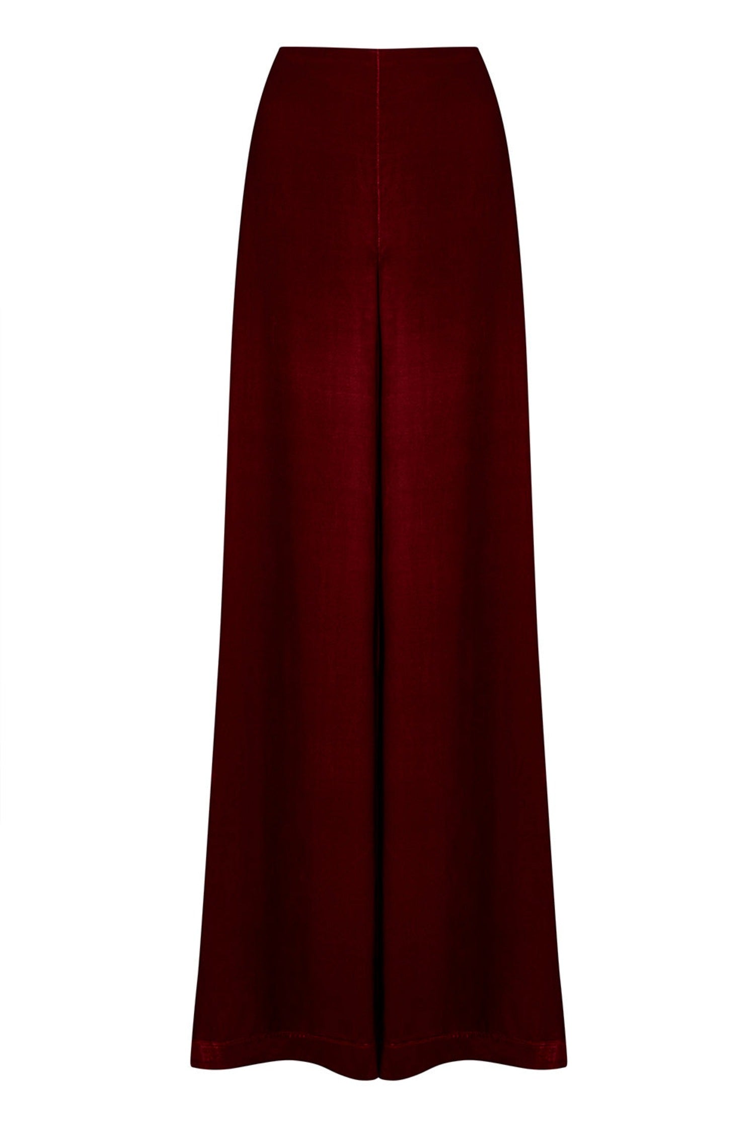An Isabel Manns high waisted palazzo pants in burgundy velvet.
