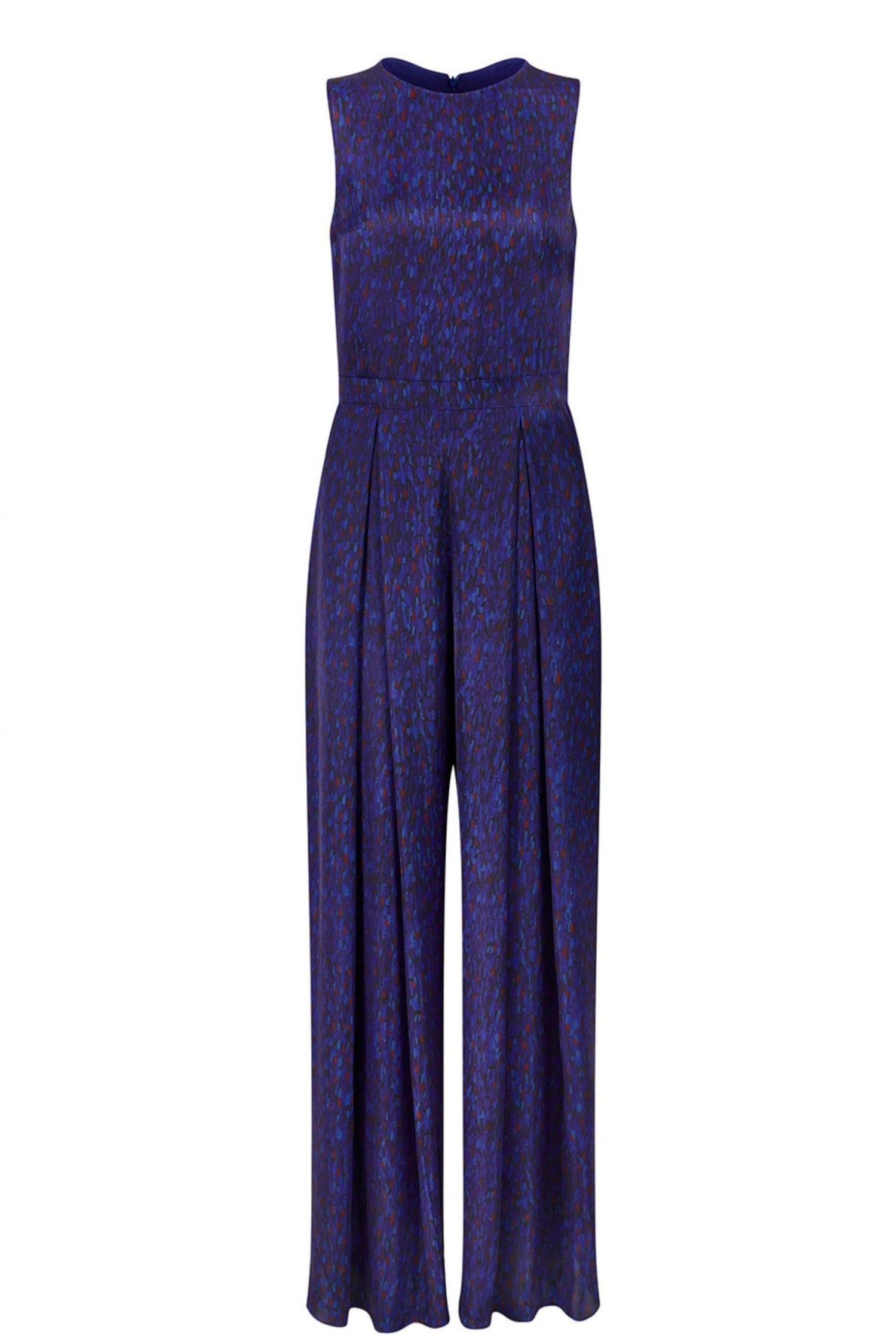 Sleeveless wide leg satin jumpsuit and matching belt that comes in a dark blue print.