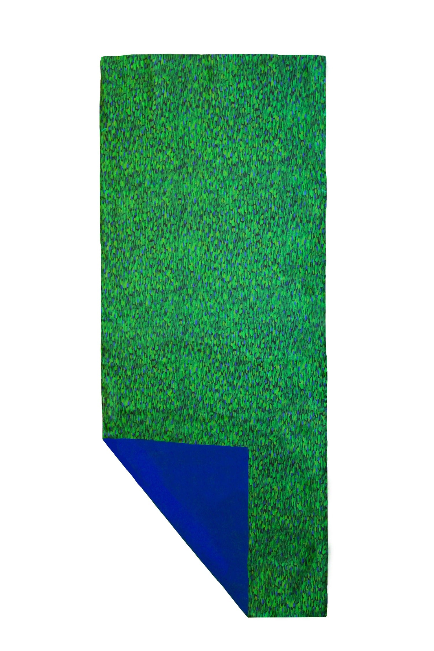 Long reversible silk satin scarf in vibrant green print and cobalt.