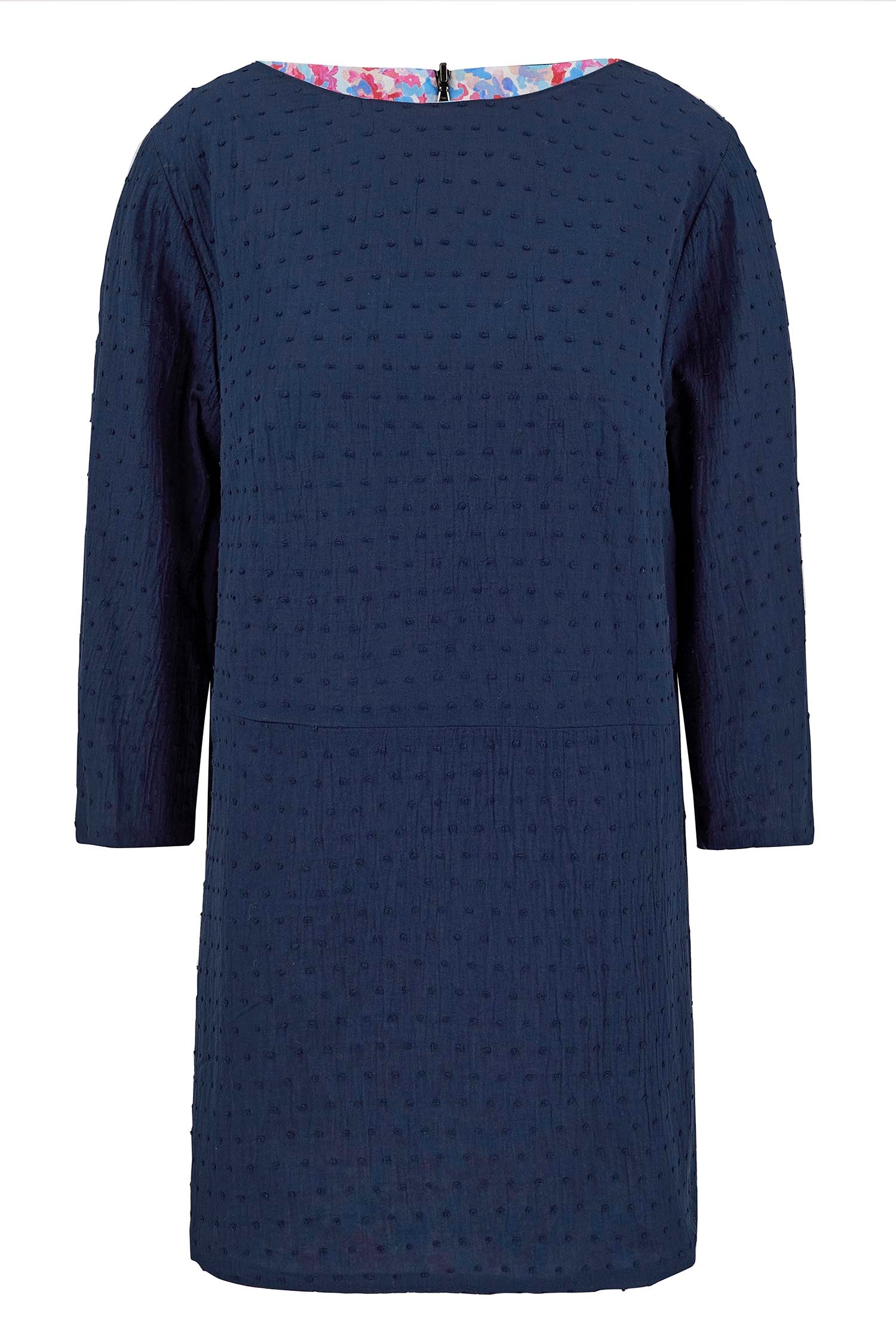 Reversible tunic top with ¾ length sleeves in navy.
