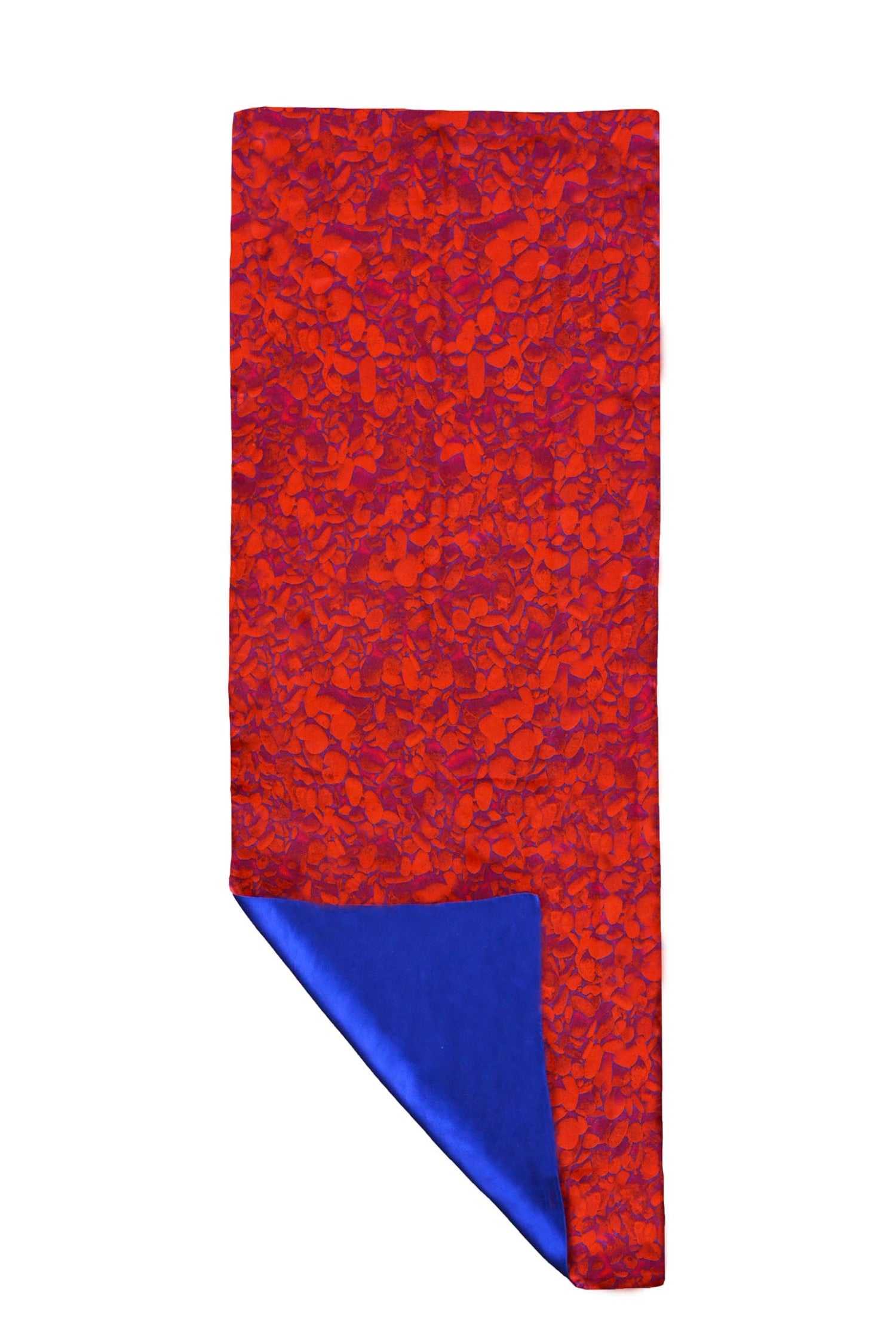 Long reversible silk satin scarf in red pebble print and cobalt.