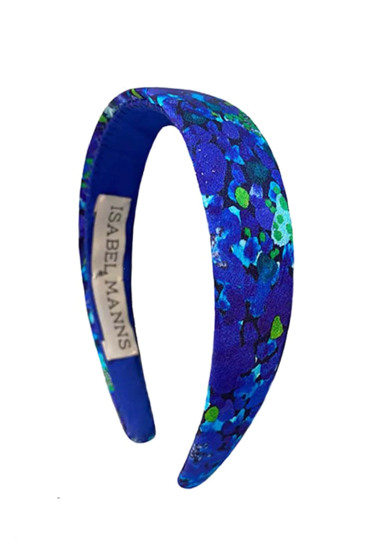 cut out image of silk satin blue floral hand-made headband sustainably made in UK.