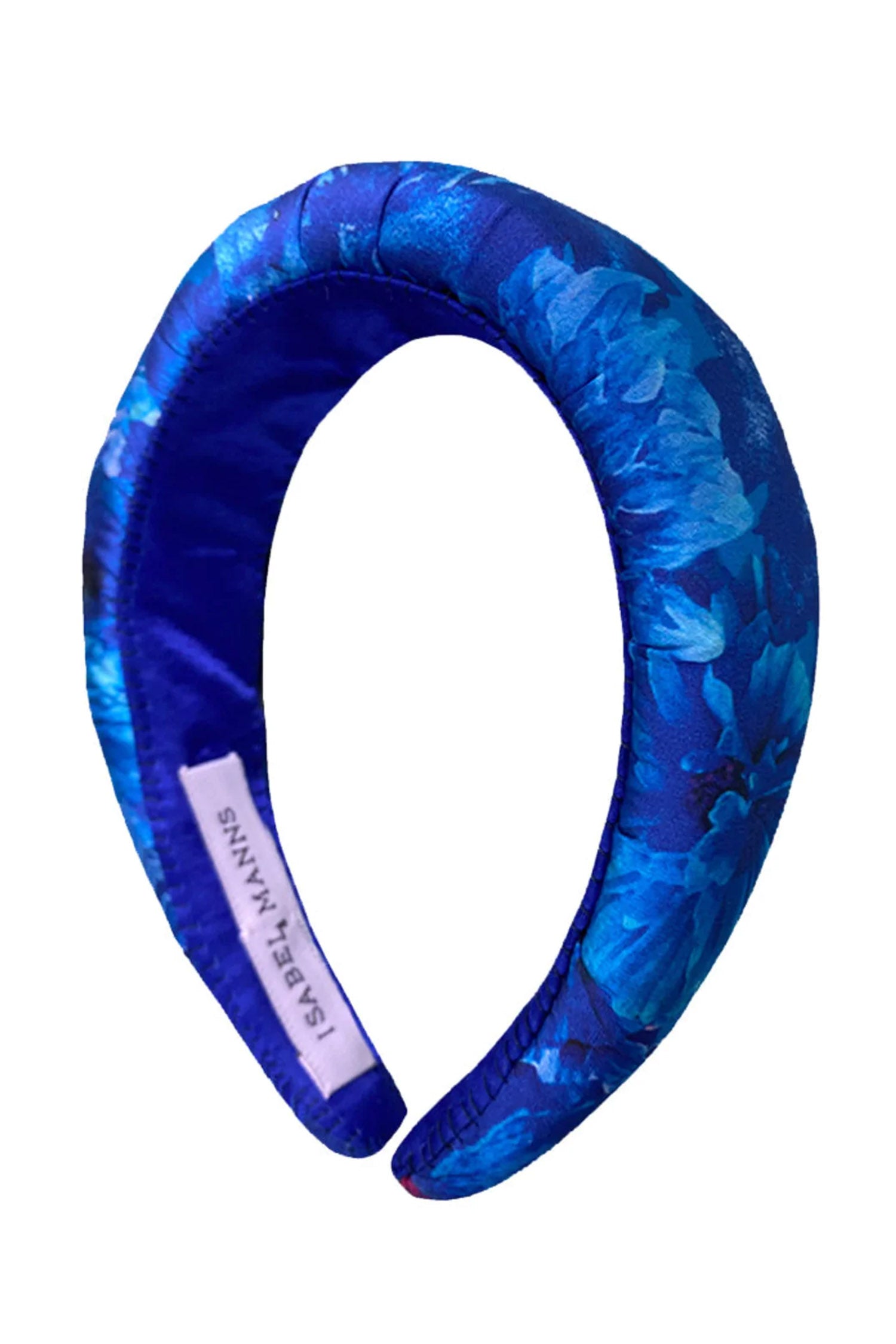 cut out image of elegant blue floral printed satin headband that is hand-made in UK sustainably