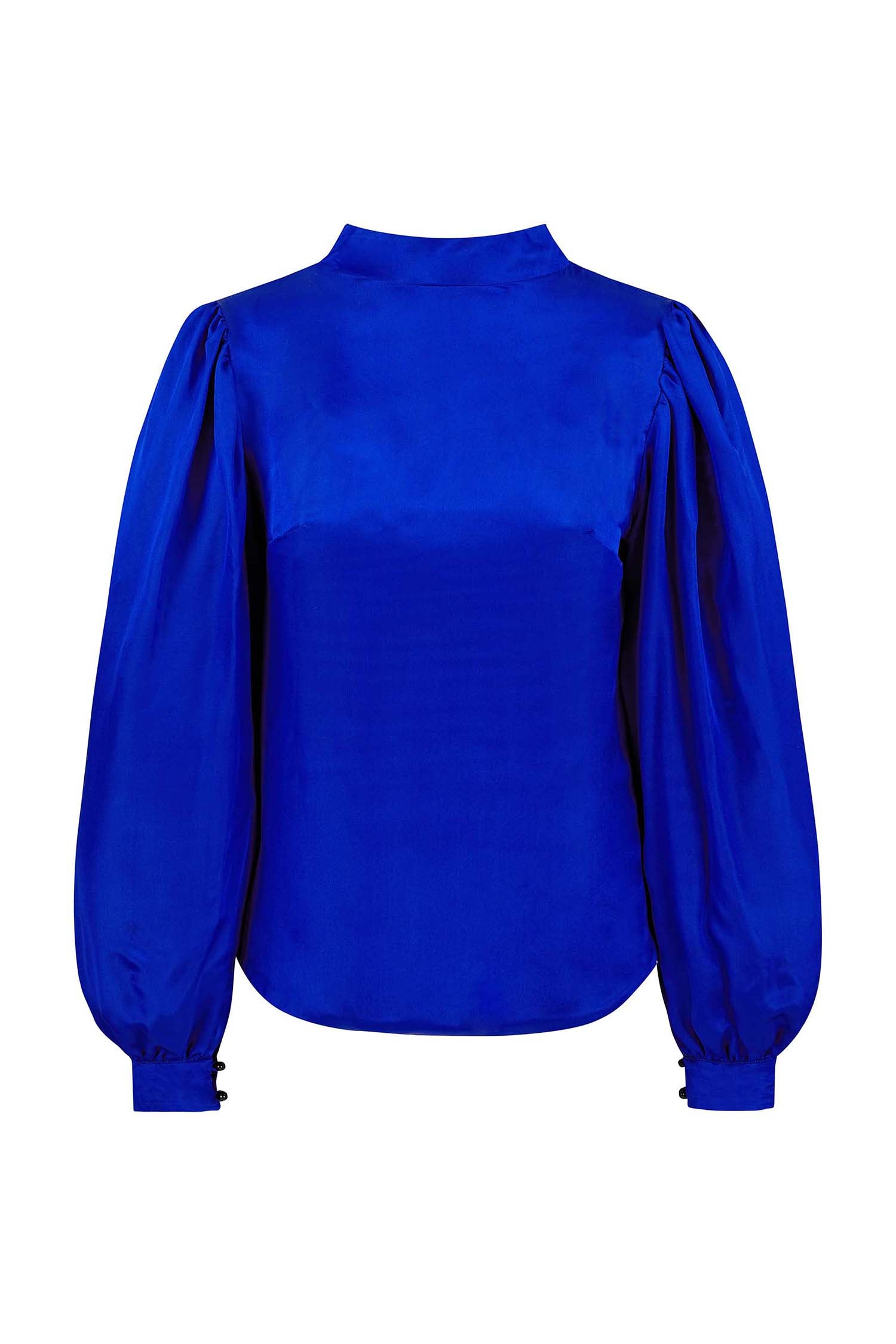 Reversible long wide sleeve silk satin top with a collar tie in cobalt.