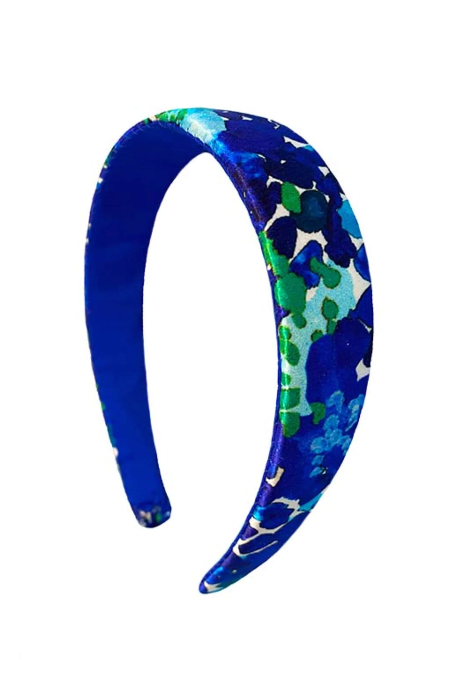A blue printed silk satin headband that is hand-crafted in London from surplus fabric