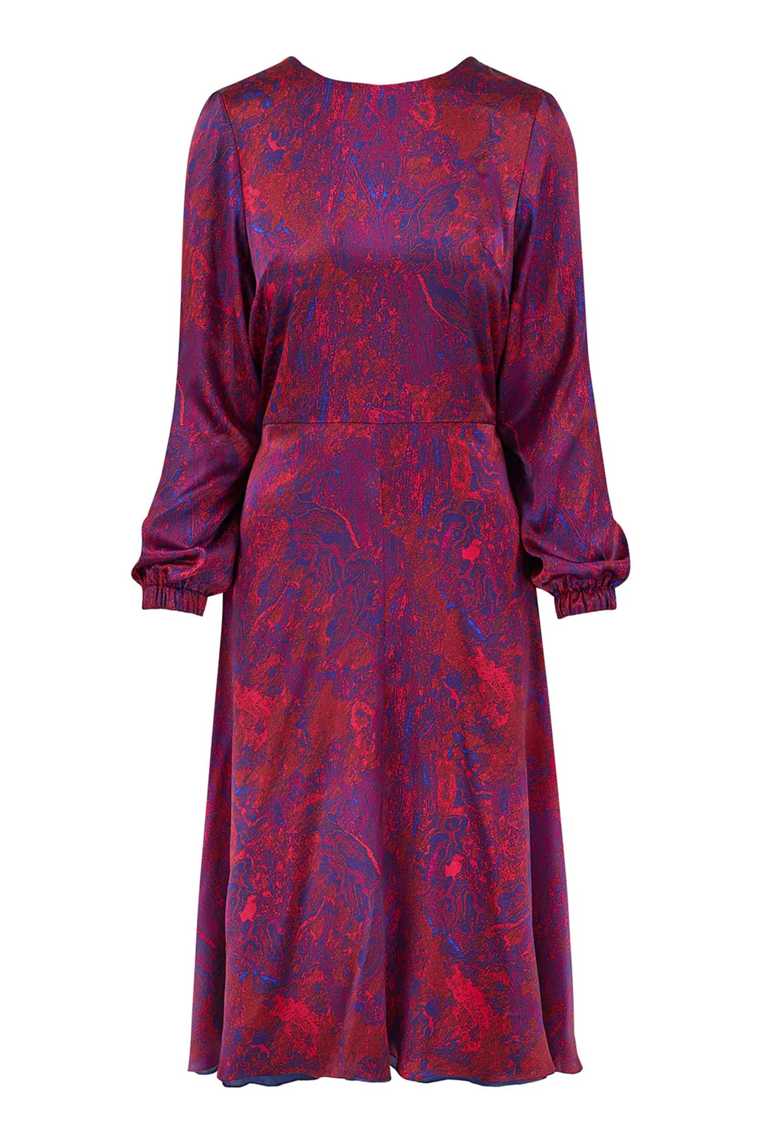red printed silk satin a-line style dress with long sleeves and rounded neckline cut out image