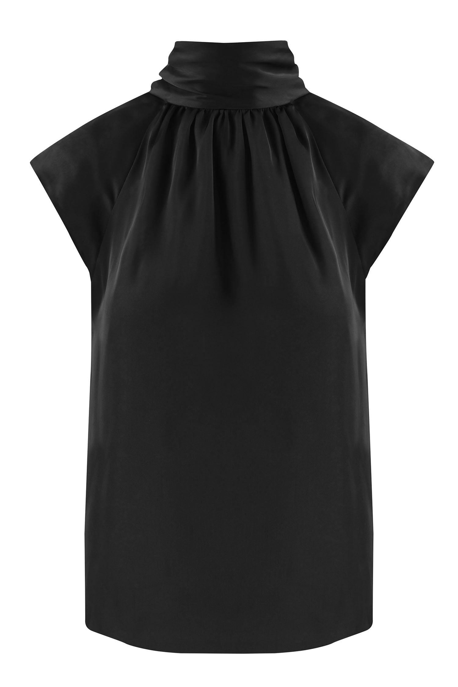 Reversible halter neck silk satin top with tie collar and cap sleeves in black.