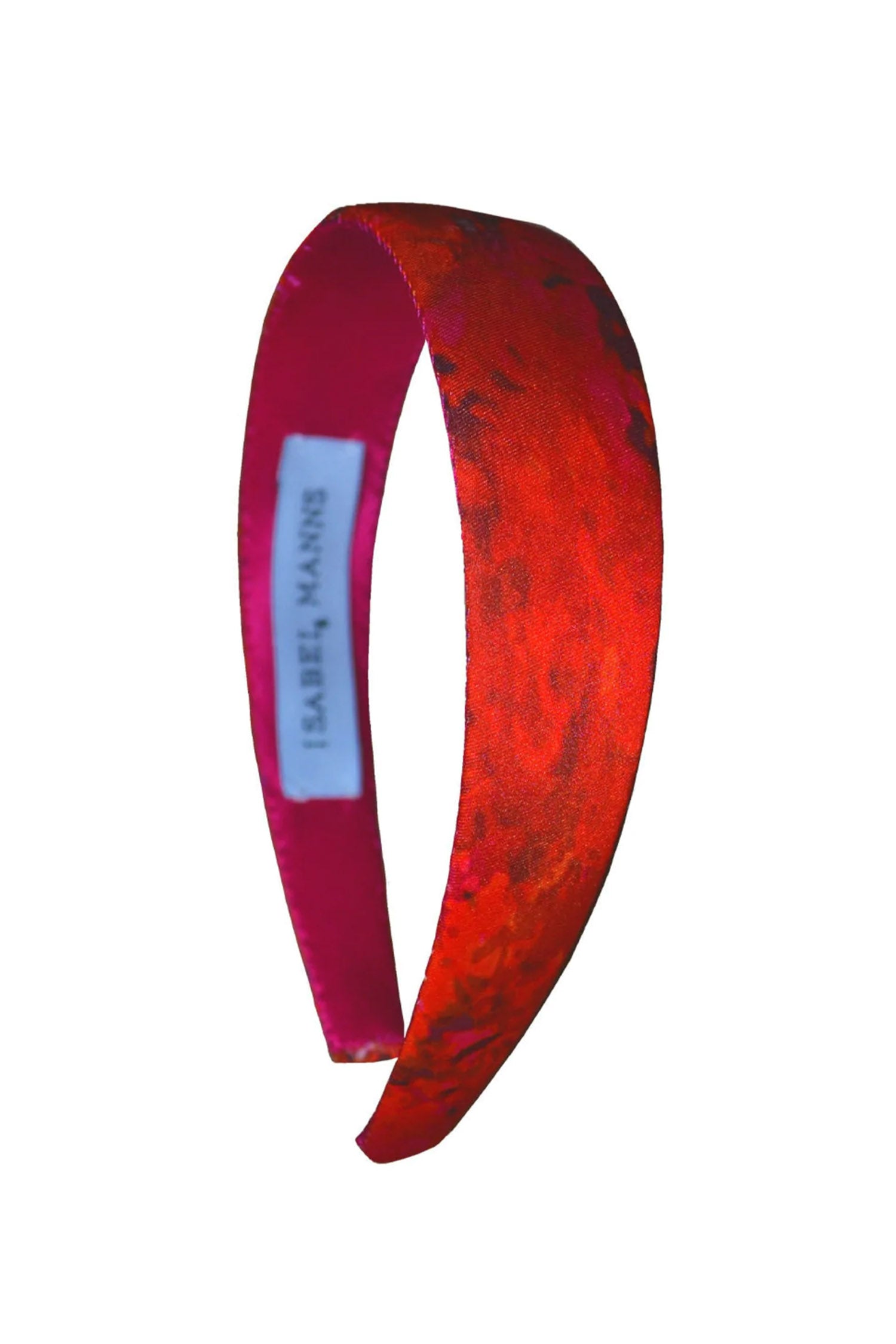 a vivid red and pink subtle printed satin headband