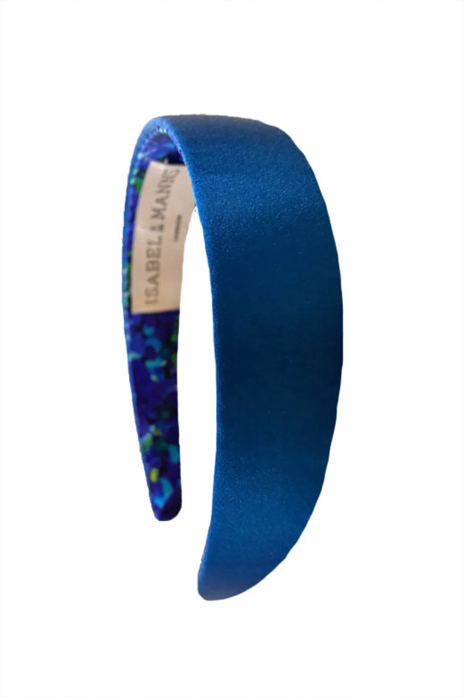 A unique but timleess teal silk satin headband sustainably made in the UK