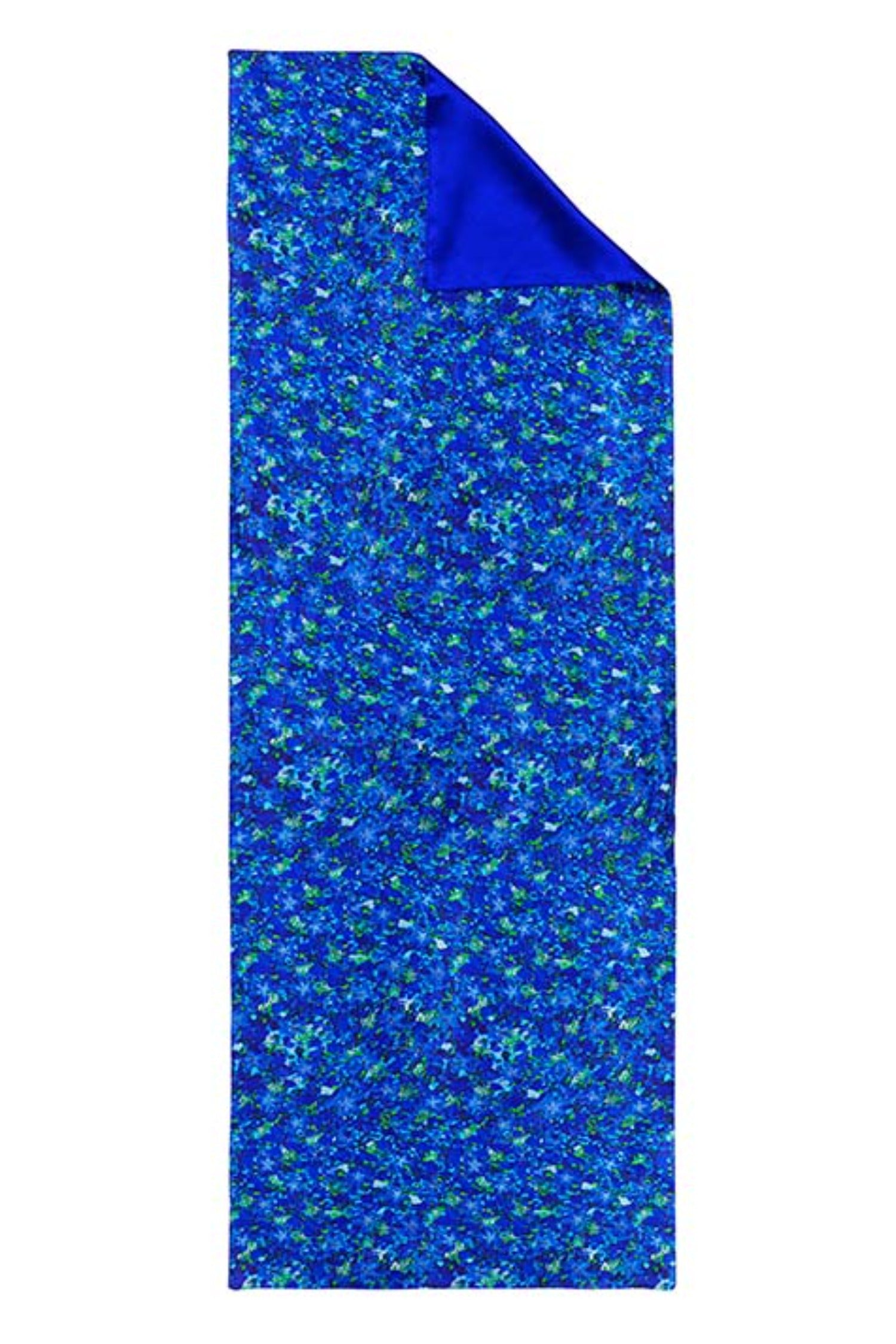 Long reversible silk satin scarf in blue floral print and cobalt.