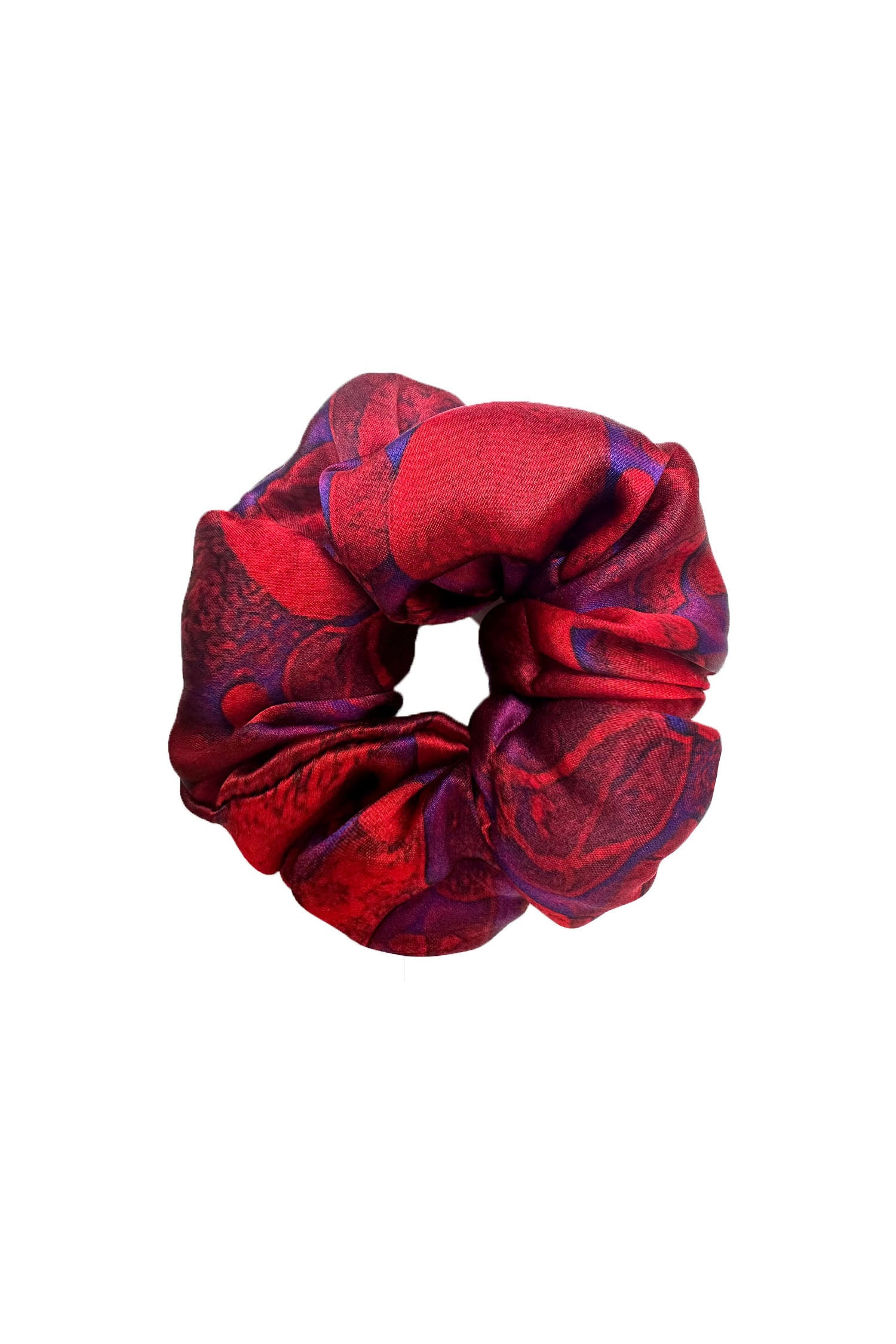 An Isabel Manns vibrant red print silk satin scrunchie.